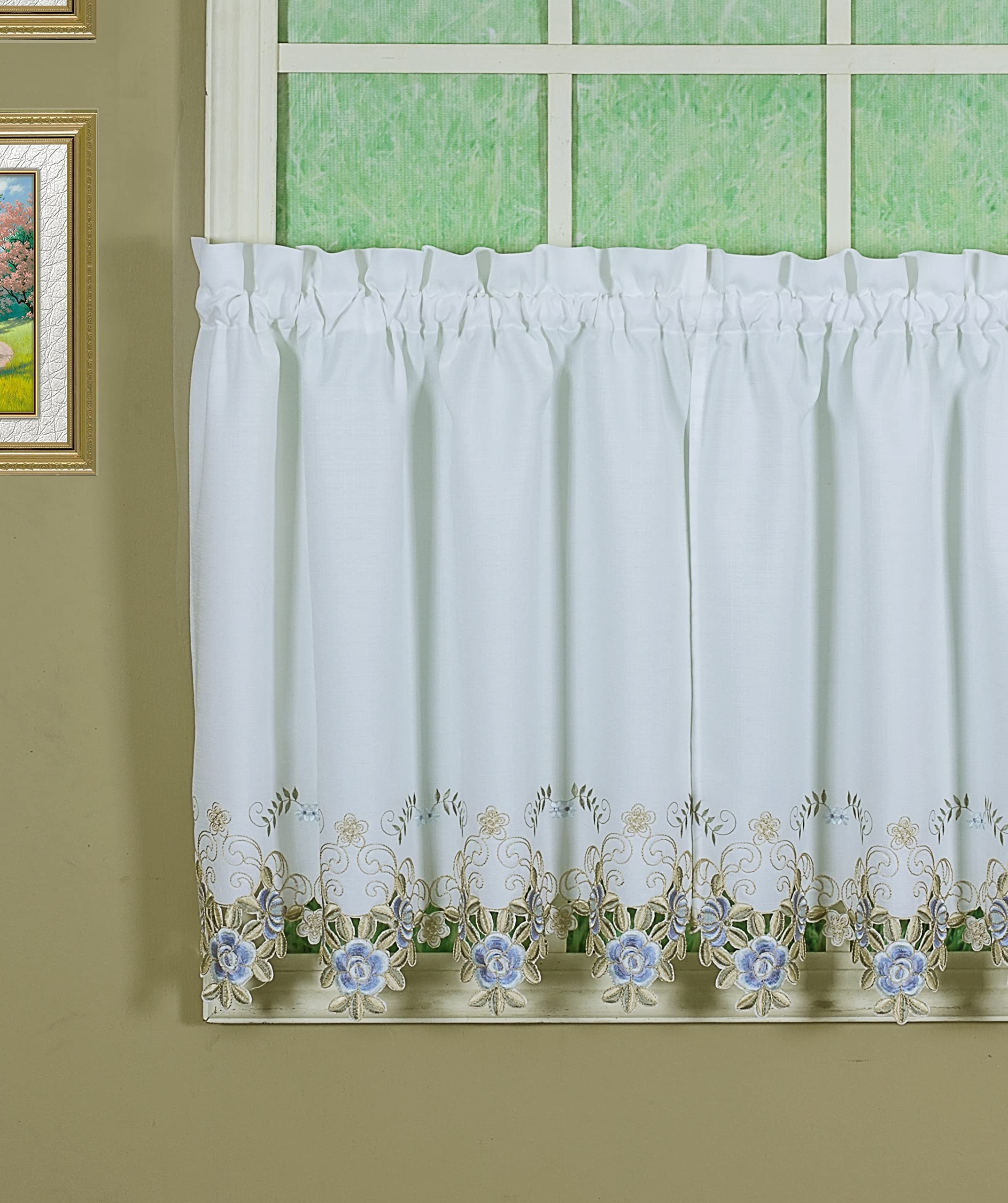 Todays Curtain Verona Reverse Embroidery Tier, 30, White/Blue