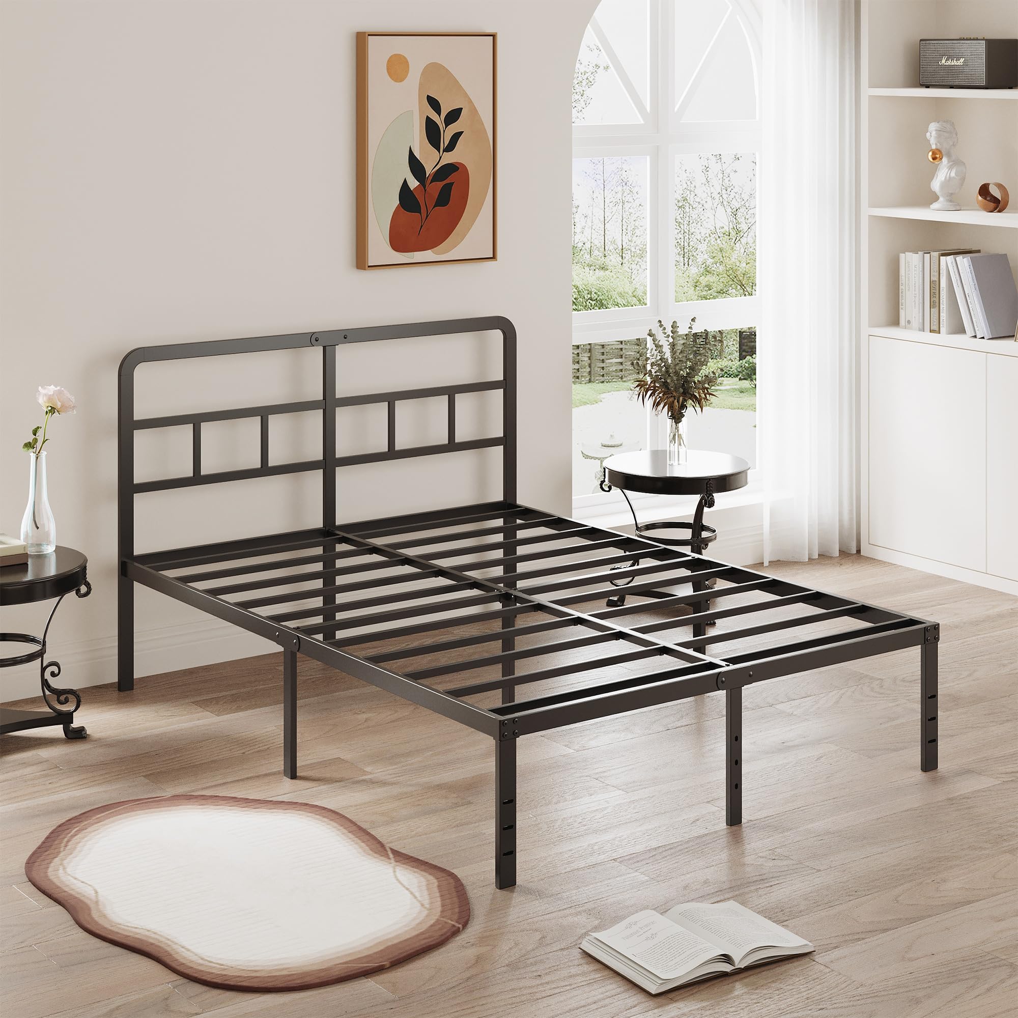 DiaOutro 16 Inch Full Size Bed Frame with Headboard No Box Spring Needed, Heavy Duty Metal Platform with Steel Slat, Mattress Fo
