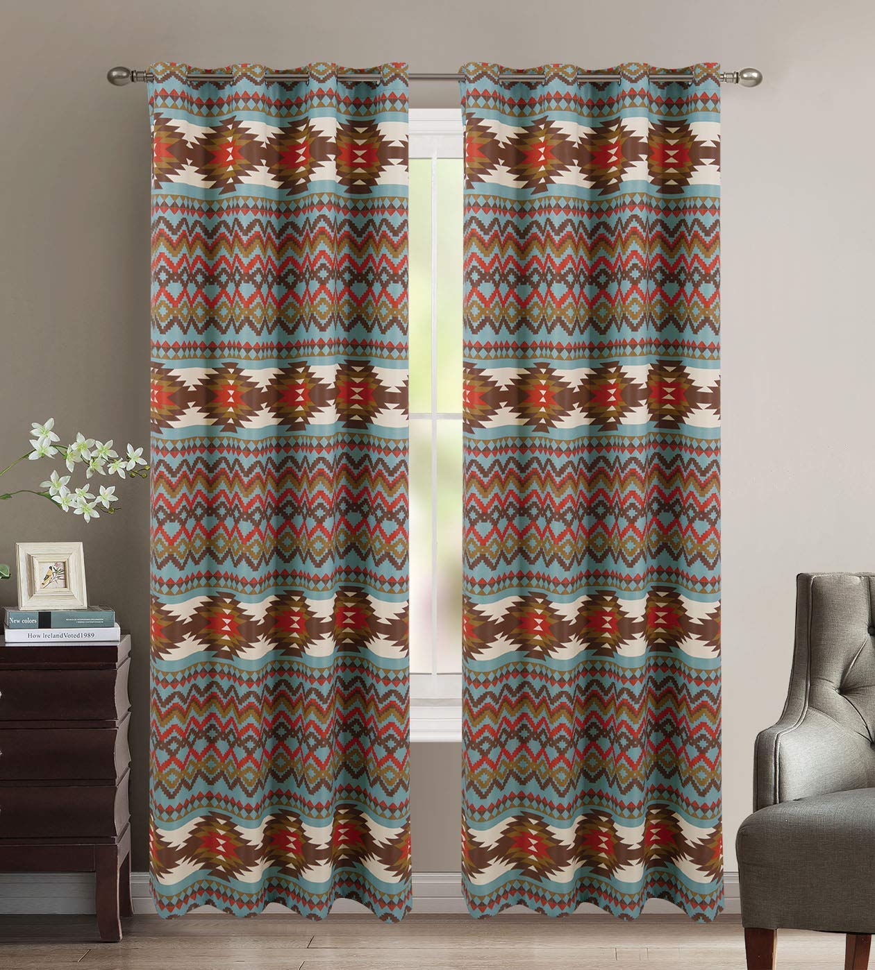 Utah Rustic Western Southwestern Native American Thermal Insulation Grommet Window Curtains Set in Turquoise Blue and Brown and 