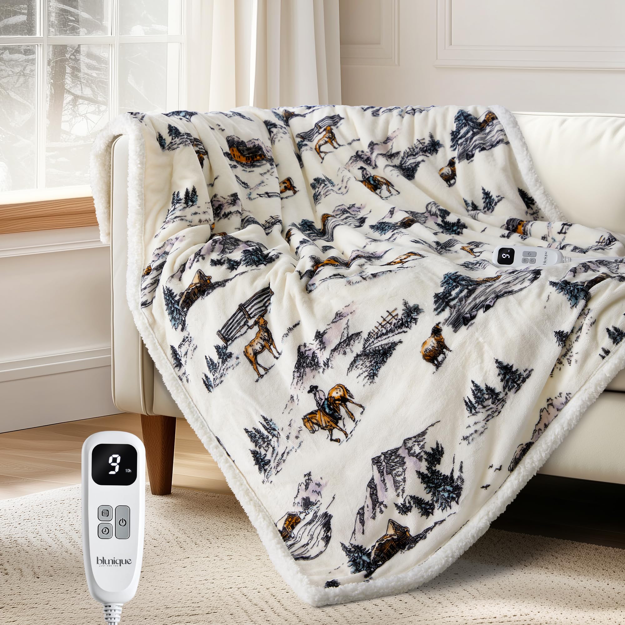 blunique Heated Blanket Throw Electric Blanket - Fast Heating Blanket with 10 Heat Settings & 10 Hours Auto Off, Cozy Soft Fleec