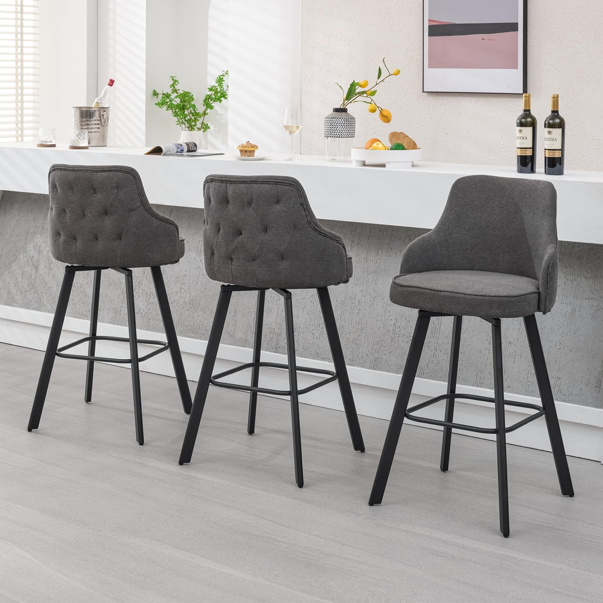 FIRAVOE Bar Stools Set of 3, 30 Swivel Bar Height Bar Stools with High Back, Linen Kitchen Barstools Bar Height for Kitchen Isla