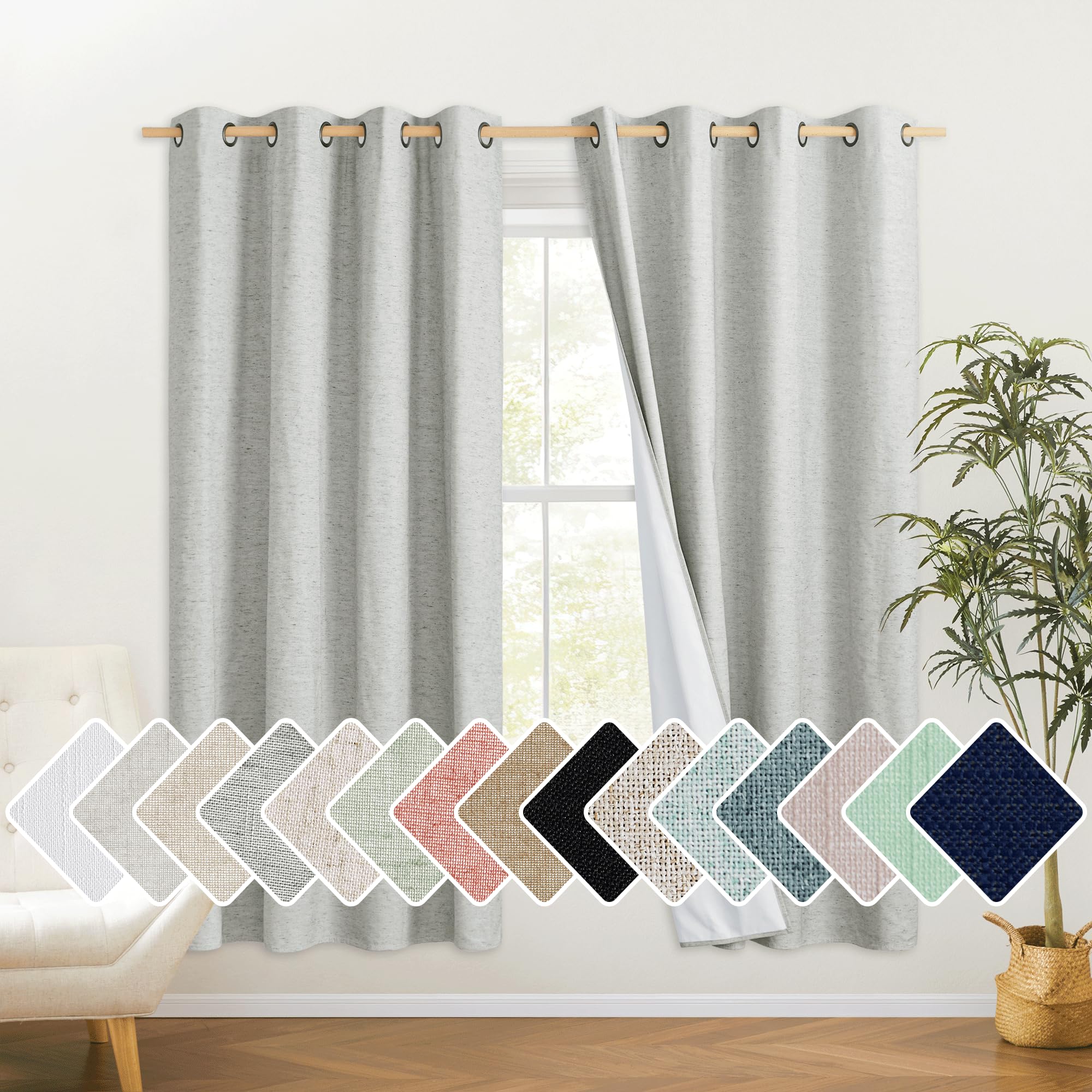 NICETOWN Grey Living Room Completely Shaded Linen Draperies, 2 Pieces, W52 x L72, Privacy Protection & Noise Reducing Ring Top D