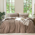 MooMee Bedding Duvet Cover Set 100% Washed Cotton Linen Like Textured Breathable Durable Soft Comfy (Solid Brown, Alaska King 13