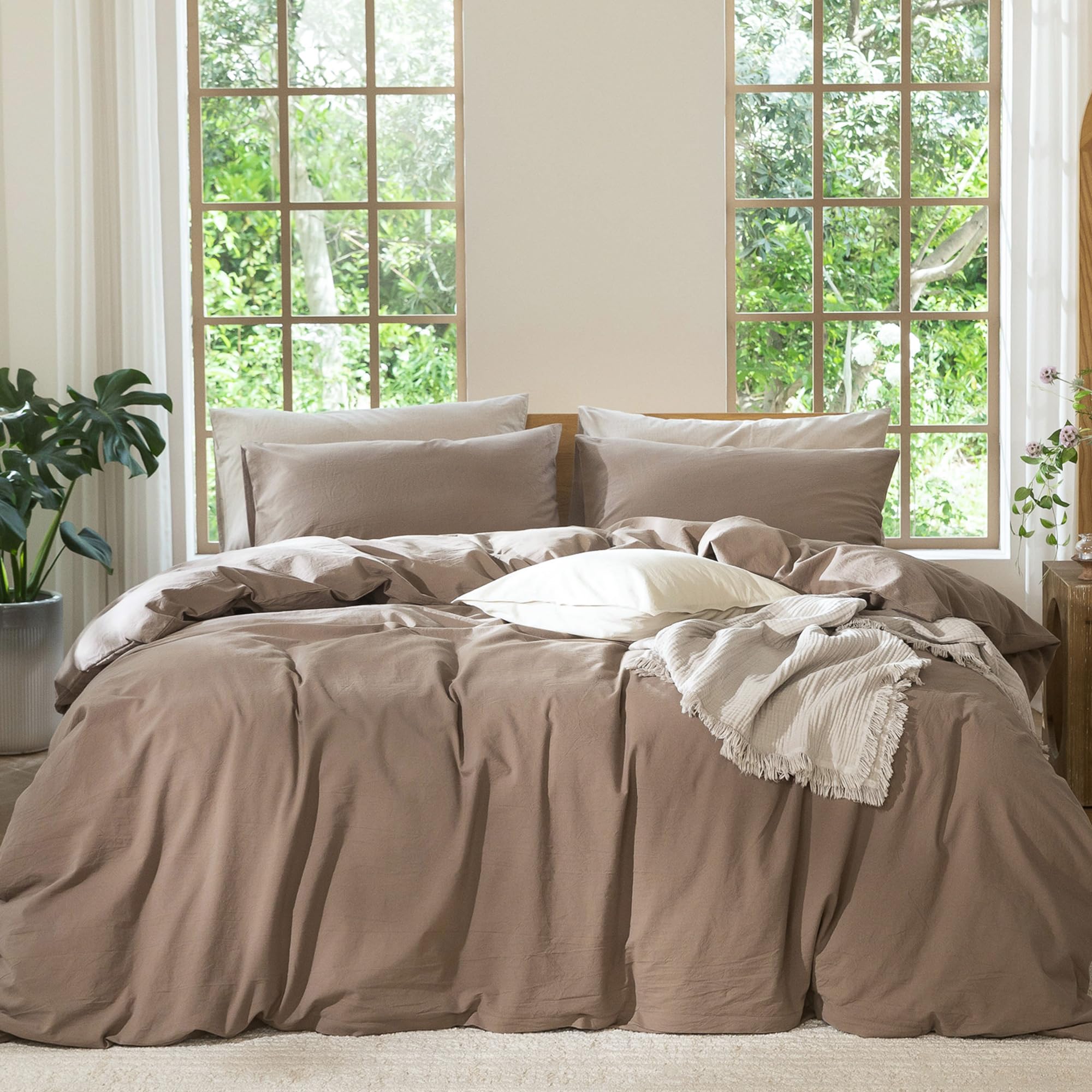 MooMee Bedding Duvet Cover Set 100% Washed Cotton Linen Like Textured Breathable Durable Soft Comfy (Solid Brown, Alaska King 13