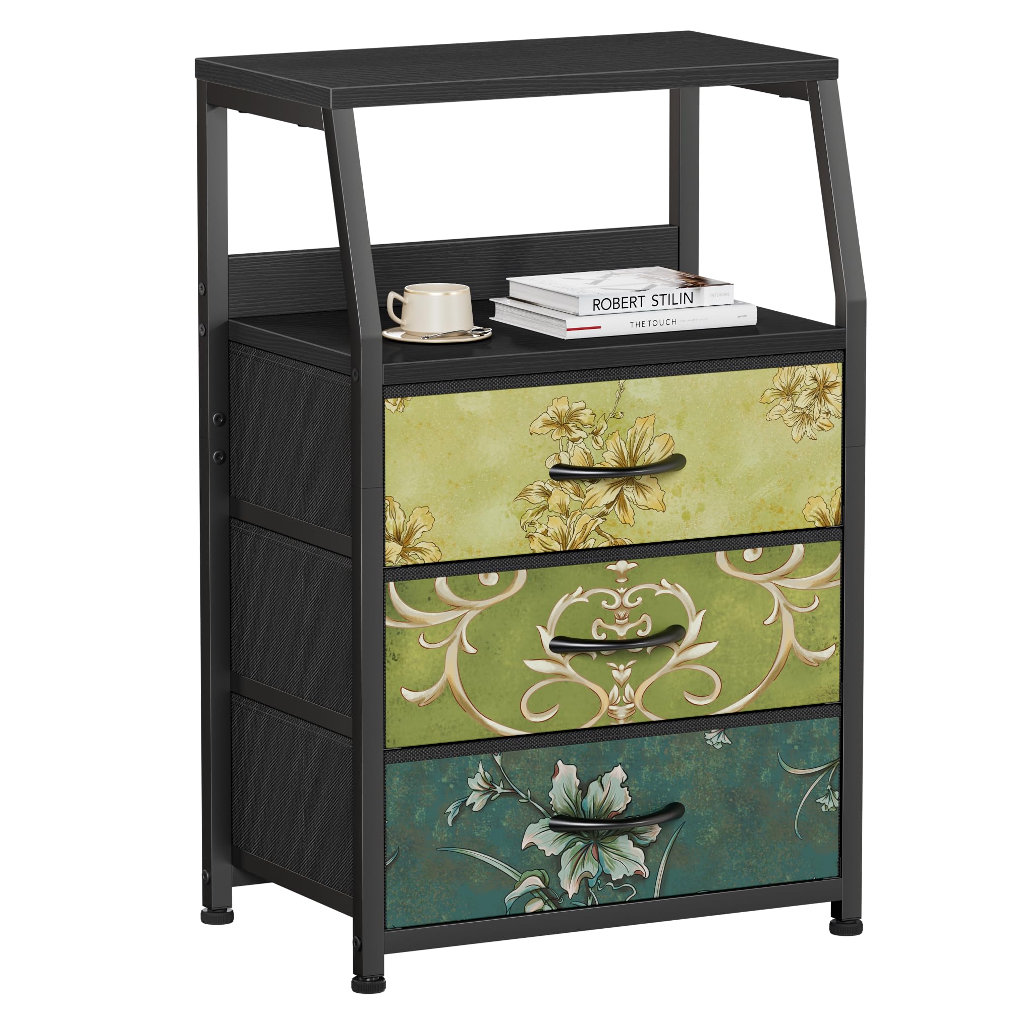 Furnulem Retro Night Stand with 3 Drawers and 2-Tier Shelf, Small Nightstand Side Table, Vintage Storage Dresser for Bedroom, Fa