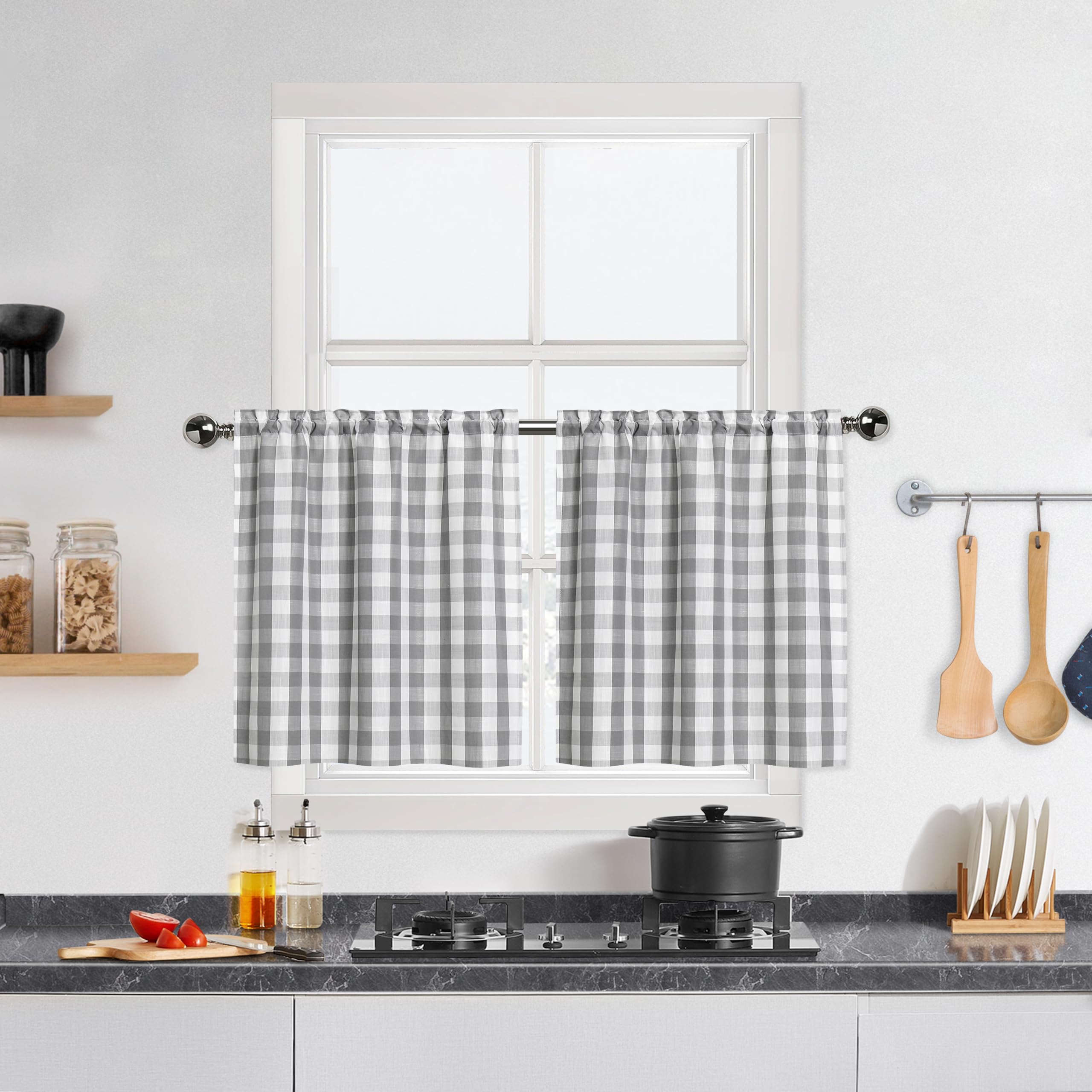 Grey Buffalo Plaid Cafe Curtains 30 Inch Length, Gray and White Buffalo Check Kitchen Curtains, Gingham Rod Pocket Short Tier Cu