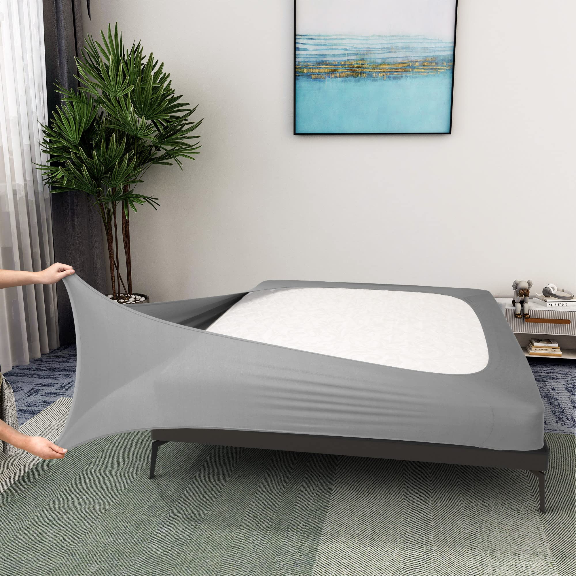 Box Spring Cover Queen Size - Jersey Knit & Stretchy Wrap Around 4 Sides Bed Skirt for Hotel & Home, Soft & Wrinkle Free - Queen