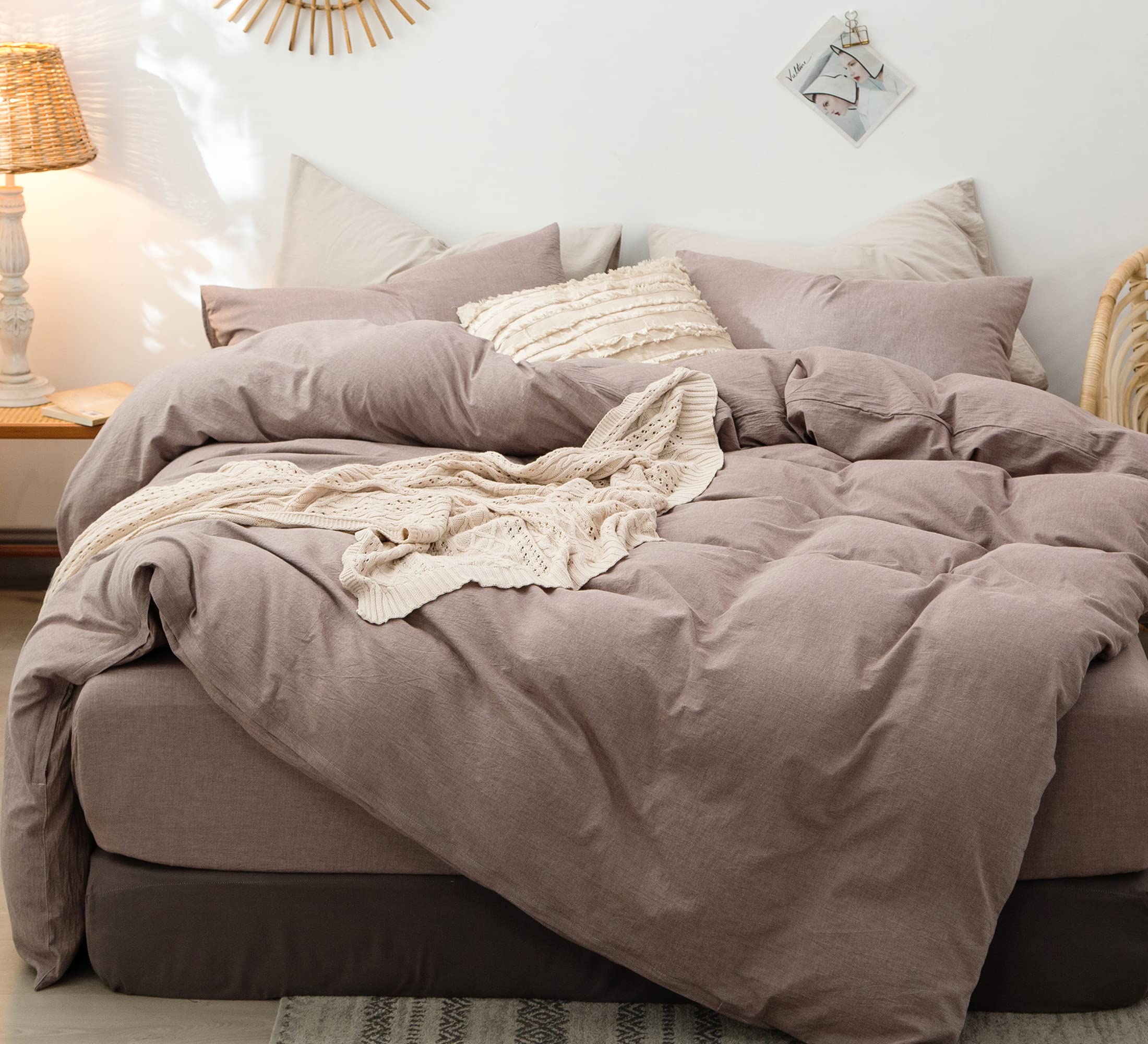MooMee Bedding Duvet Cover Set 100% Washed Cotton Linen Like Textured Breathable Durable Soft Comfy (Mauve Brown, Super Queen)
