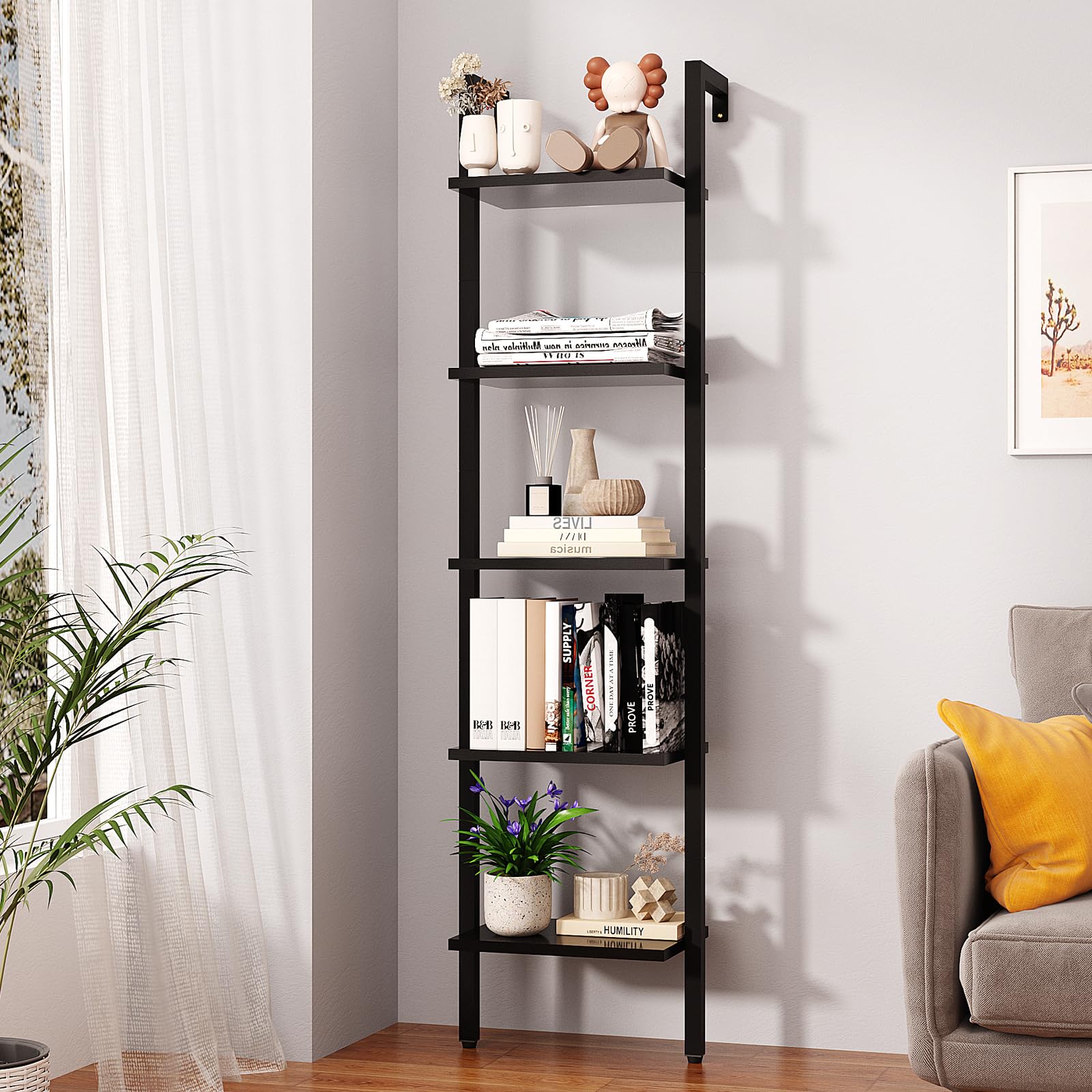 YMYNY 5 Tiers Narrow Ladder Bookcase, Industrial Wall Mounted Bookshelf, Open Display Rack with Metal Frame, Wooden Storage Shel