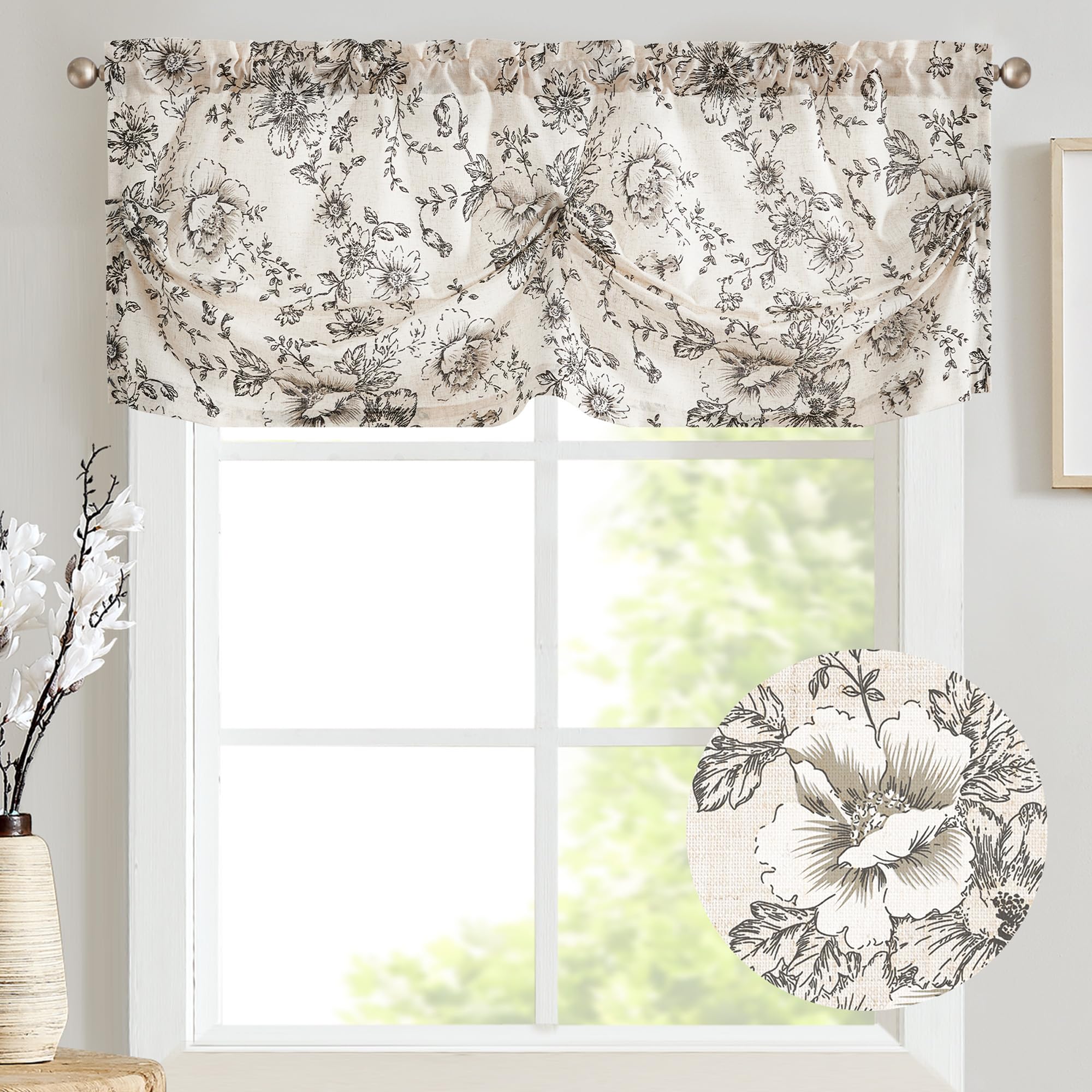 jinchan Linen Pleated Valance Farmhouse Floral Printed Valance for Windows 20 Inch Rustic Scallop Look Decorative Window Topper 