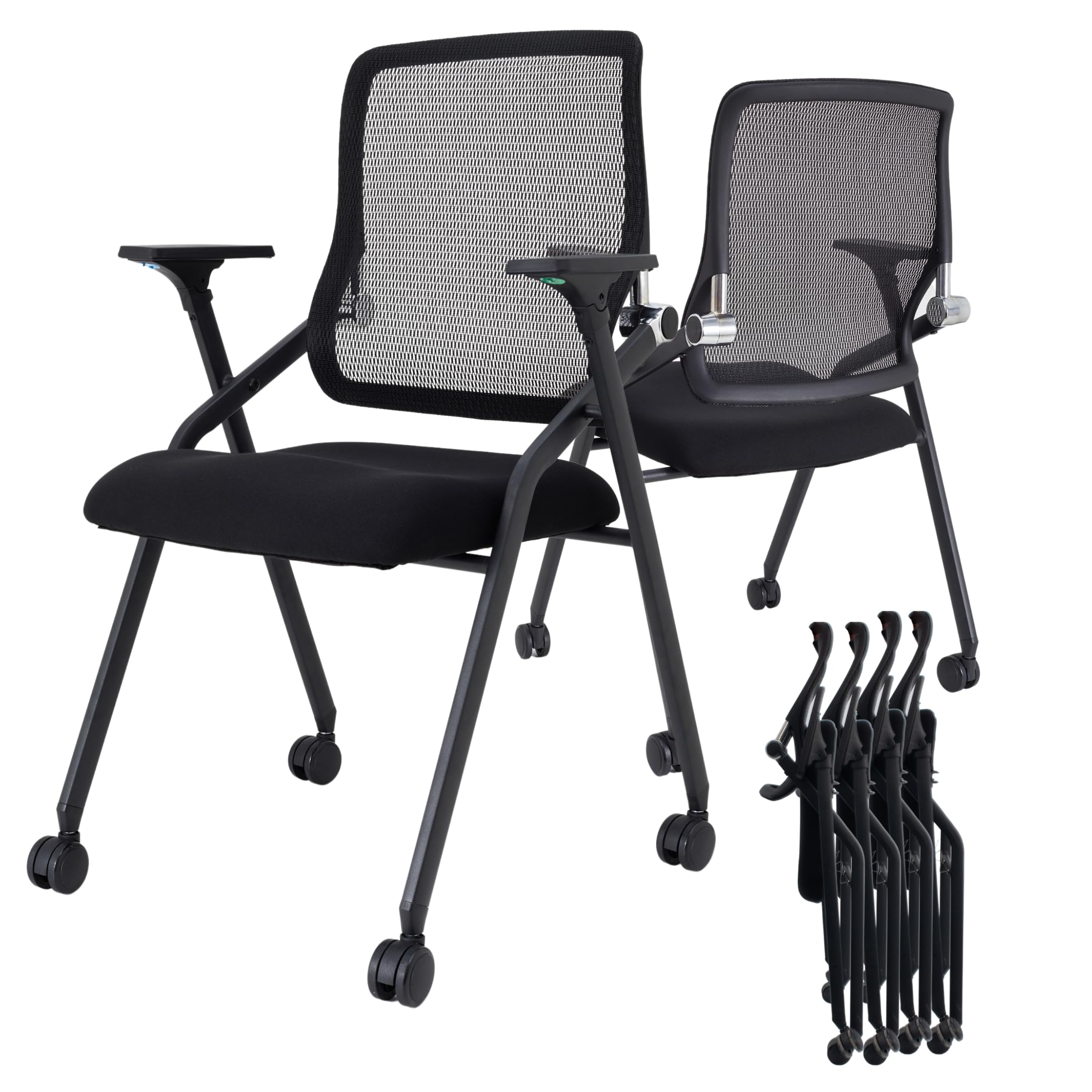 BROBRIYO 4 Pack Stackable & Foldable Conference Room Chairs with Lumbar Support, Armrest - Ergonomic Mesh Bouncing Back for Offi