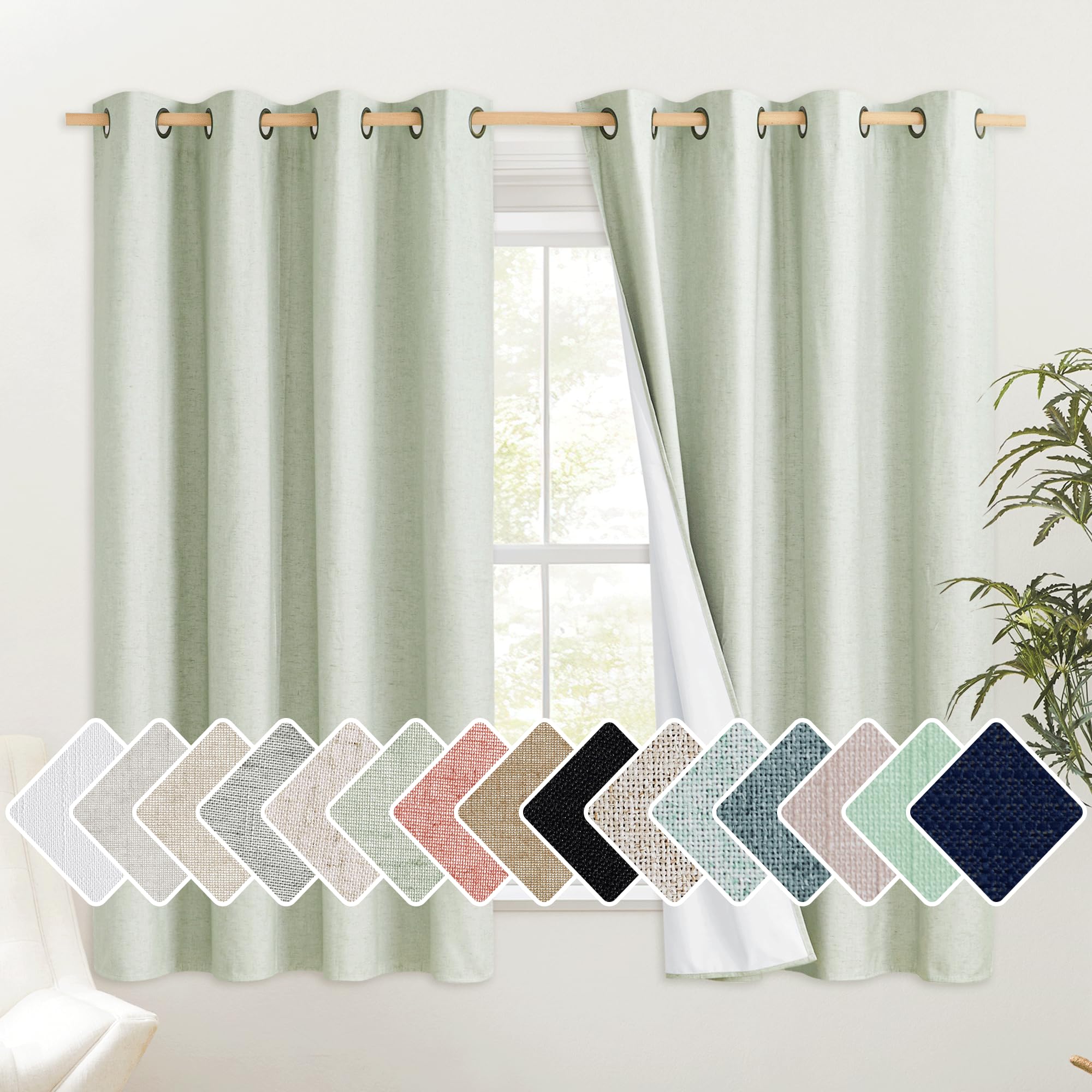NICETOWN Sage Green Short Kitchen Linen Blackout Curtains 45 inches Length, 52 Wide, Pair of Thermal Insulated & Energy Efficien