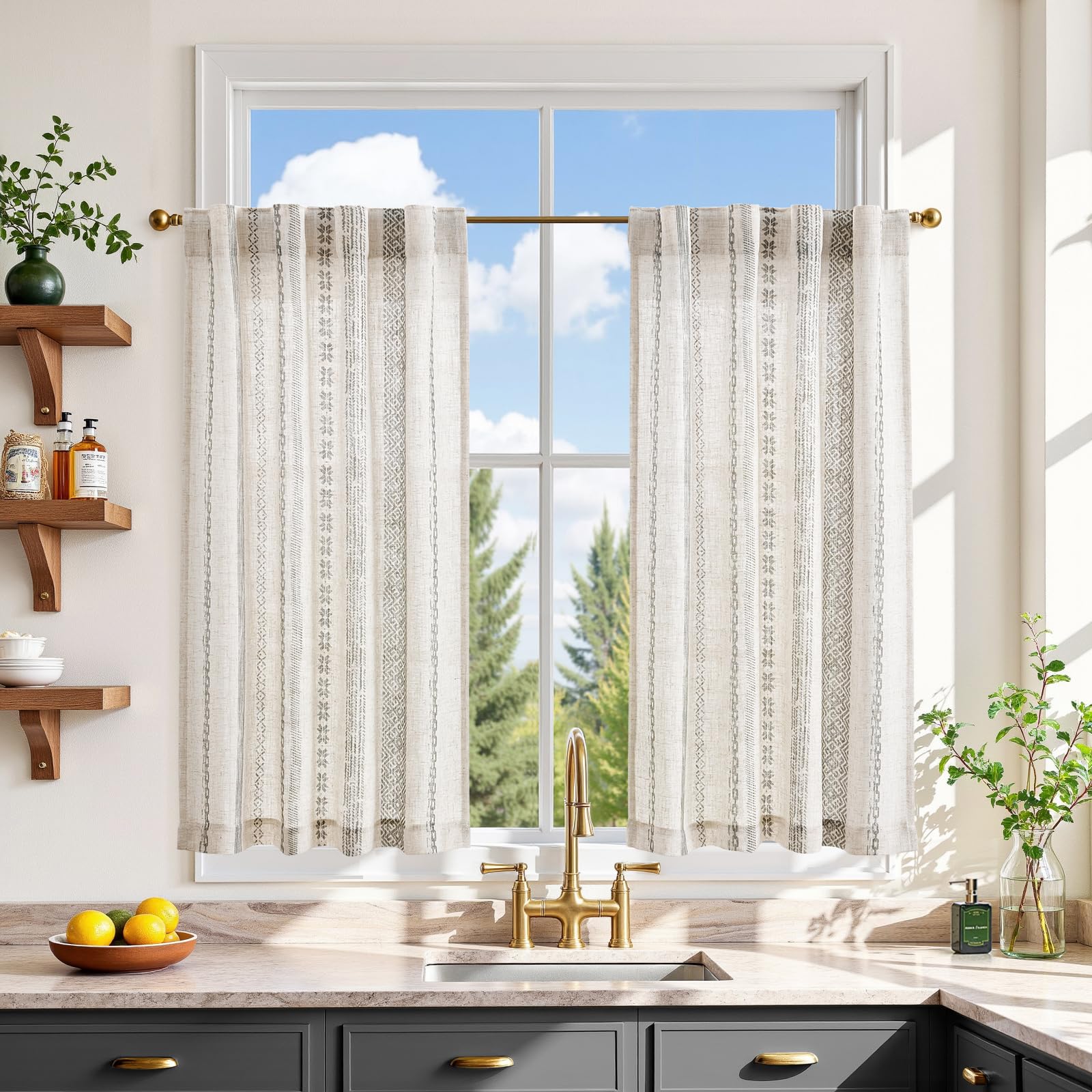 jinchan Boho Kitchen Curtains 36 Inch Grey Linen Tier Curtains with Geometric Pattern Bohemian Cafe Small Light Filtering Window