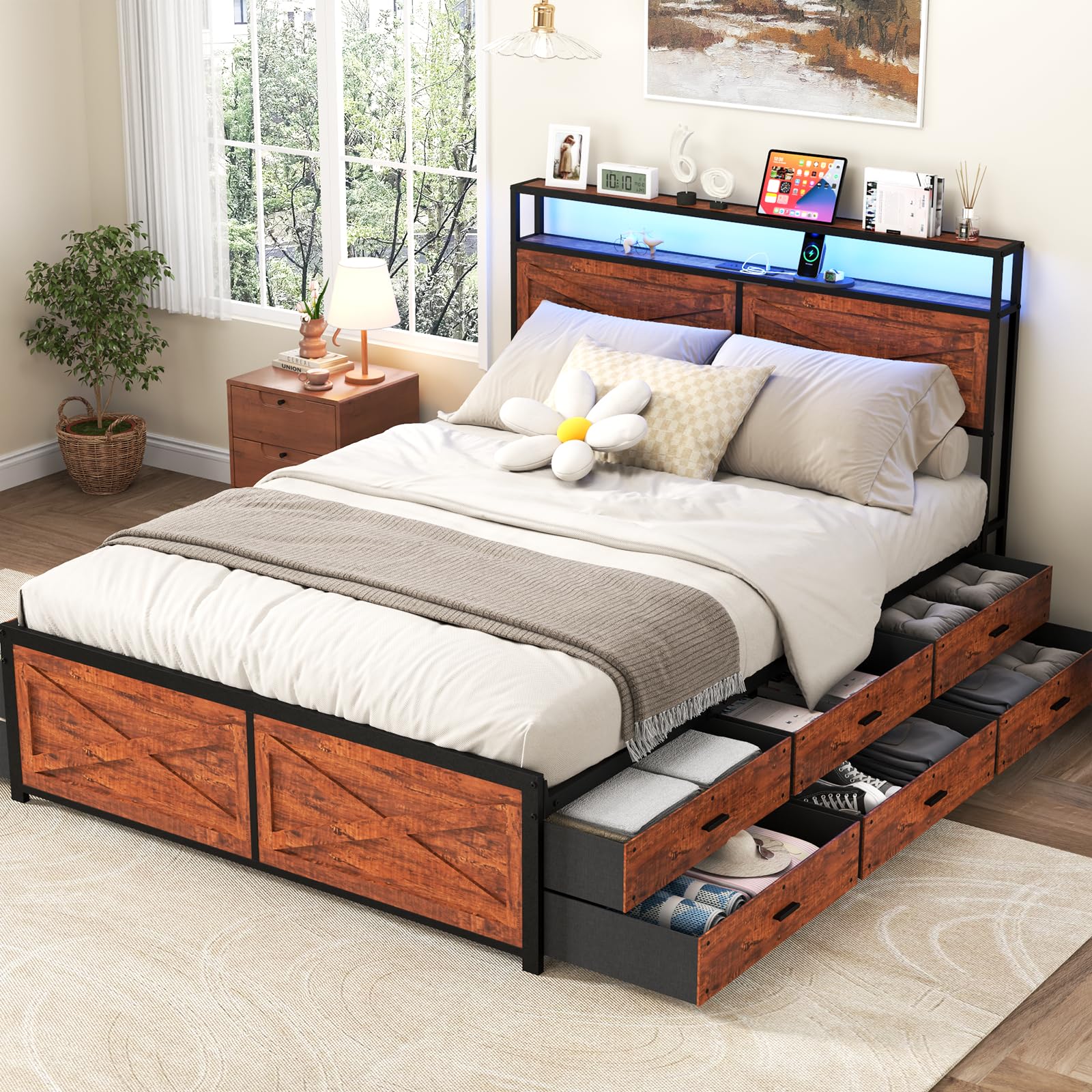 Kiivakii Queen Size Bed Frame with 12 Storage Drawers, LED Headboard with Charging Station, Metal Platform Bed Frame, No Box Spr