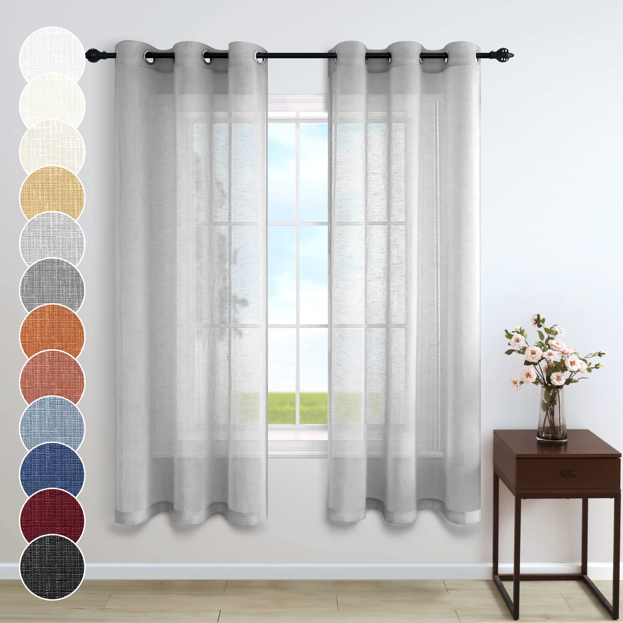 Light Grey Curtains 38 Inch Width for Kitchen Door 2 Panels Set Grommet Sheer Linen Textured Mini Short Small Window Curtains fo