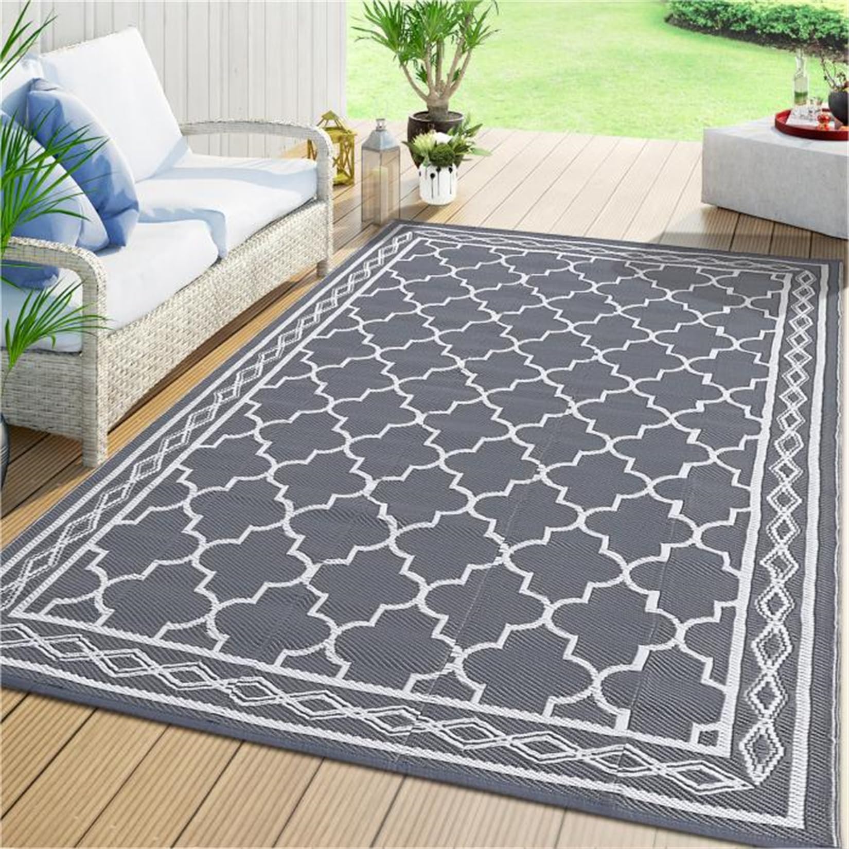 COZYLOOM Outdoor Plastic Straw Rug 8x10 ft Waterproof Reversible Patio Rug Camping Rug Plastic Straw Rug Geometric Rv Mat for Ca