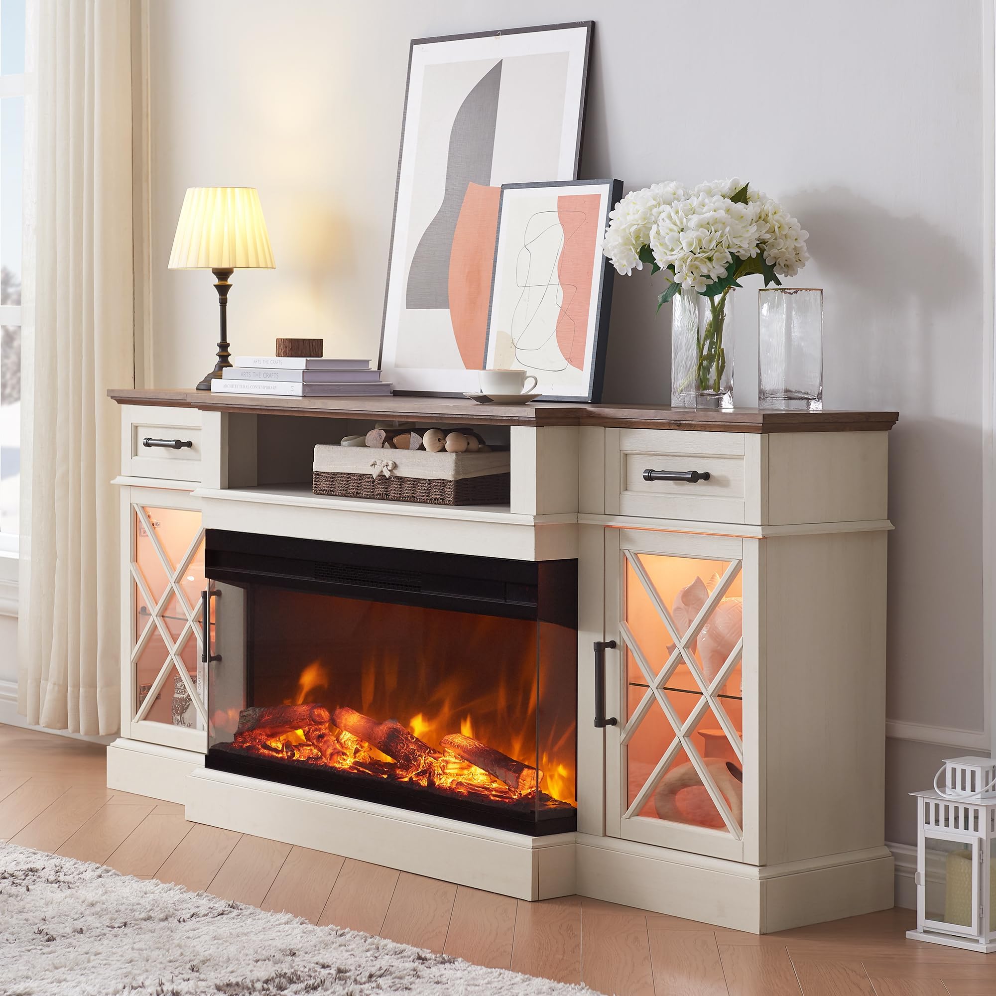 OKD 3-Sided Farmhouse Electric Fireplace TV Stand for TVs up to 80, Highboy Entertainment Center with Glass Door Storage Cabin