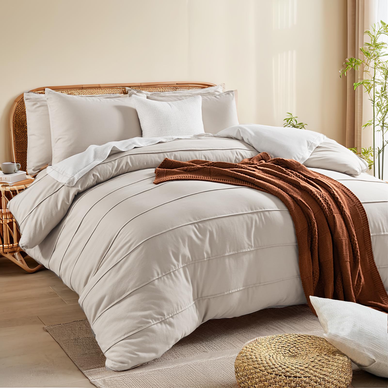NEXHOME PRO 100% Organic Cotton Duvet Cover Queen Size, Linen Like Pleated Textured Tannish Linen Grey Duvet Cover Set, 3pc Bedd