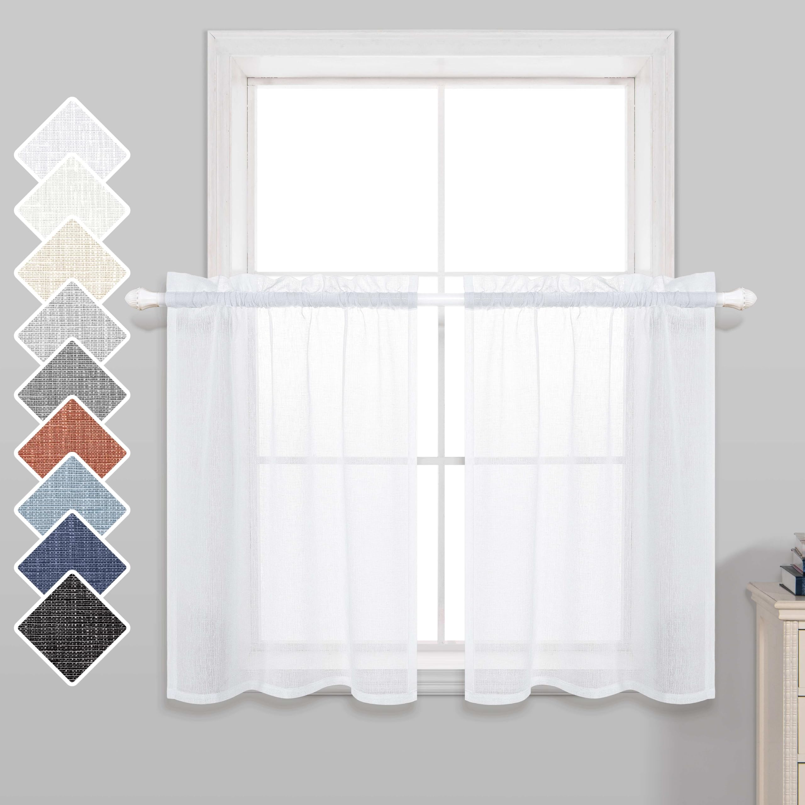 KOUFALL Kitchen Tier Curtains 30 Inches Long 2 Panels Rod Pocket Cafe Curtains Light Filtering Faux Linen Short Semi Sheer Curta