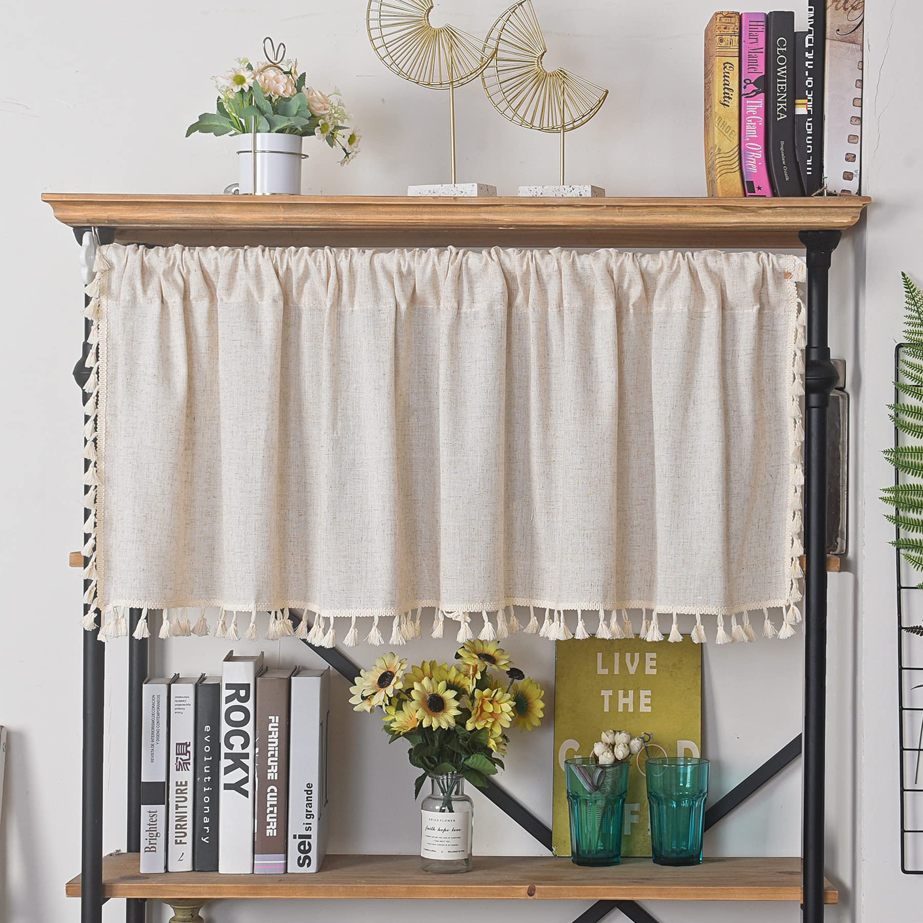 Sutuo Home Boho Sheer Curtain Valance Cotton Linen with Bohemian Handmade Tassels, Short French Farmhouse Window Treatment for K