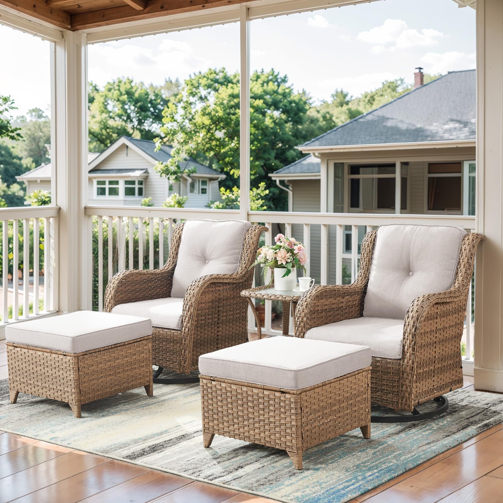 Belord 5 Pieces Patio Furniture Sets Wicker Outdoor Furniture, Rattan Patio Swivel Glider Chairs with 2 Ottoman and Glass Side T