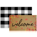 Kuabiz 2 Pcs Fall Welcome Door Mat 30 x 17 Inch Autumn Maple Leaf Coir Door Mat for Front Doors Nonslip 2-in-1 Buffalo Plaid Rug