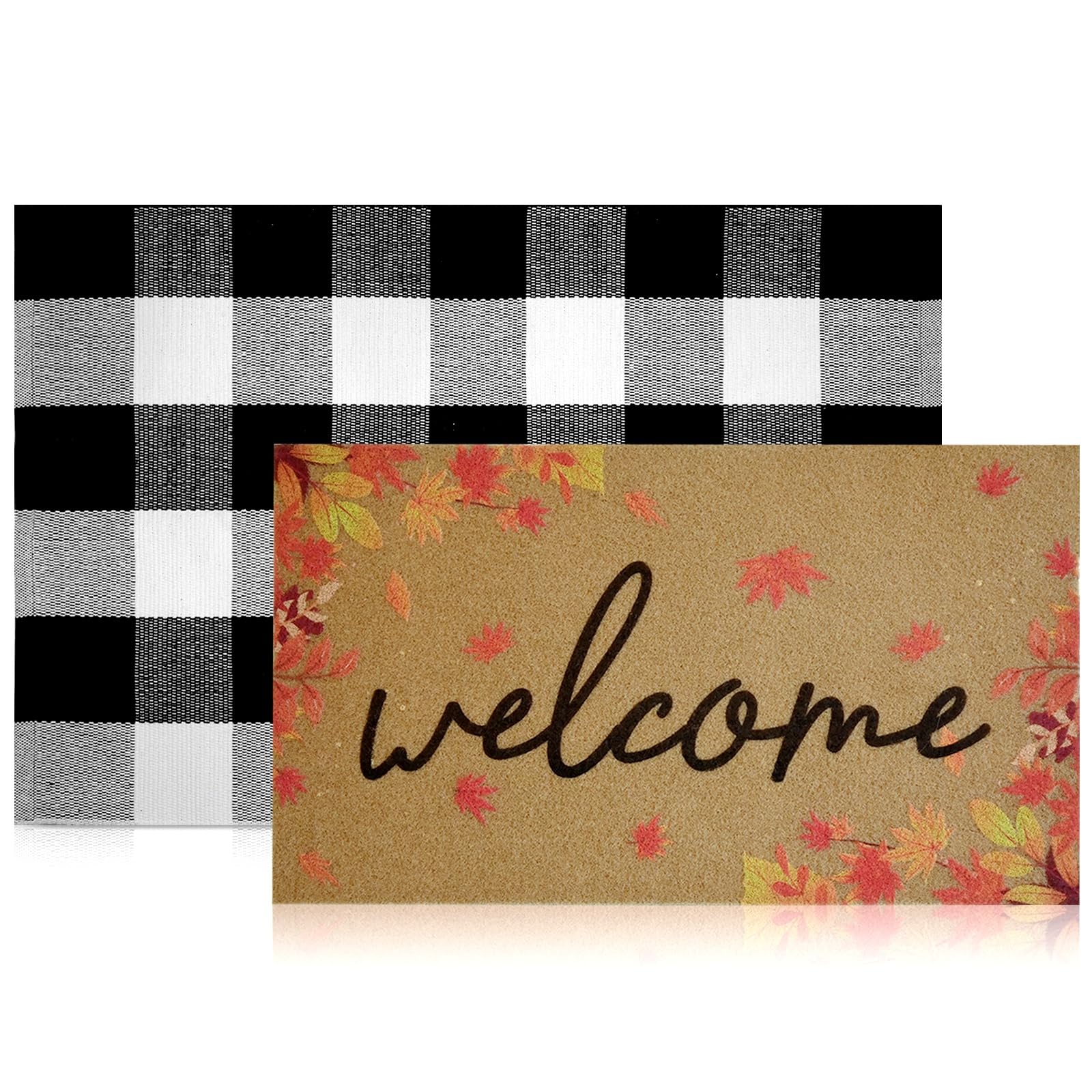 Kuabiz 2 Pcs Fall Welcome Door Mat 30 x 17 Inch Autumn Maple Leaf Coir Door Mat for Front Doors Nonslip 2-in-1 Buffalo Plaid Rug