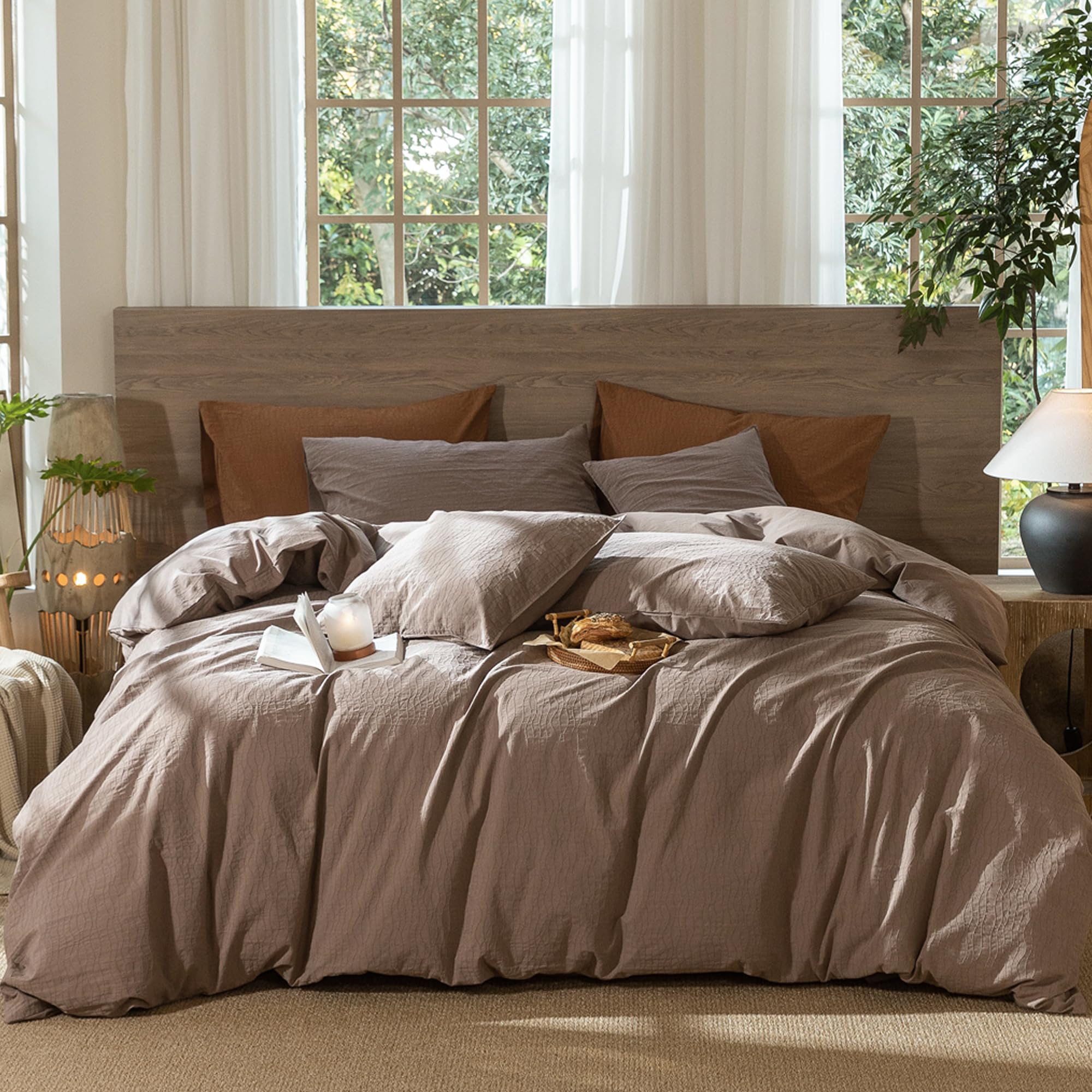 MooMee Wavy Striped Duvet Cover Set 100% Washed Cotton Linen Like Textured Breathable Durable Soft Comfy (Brown, King)