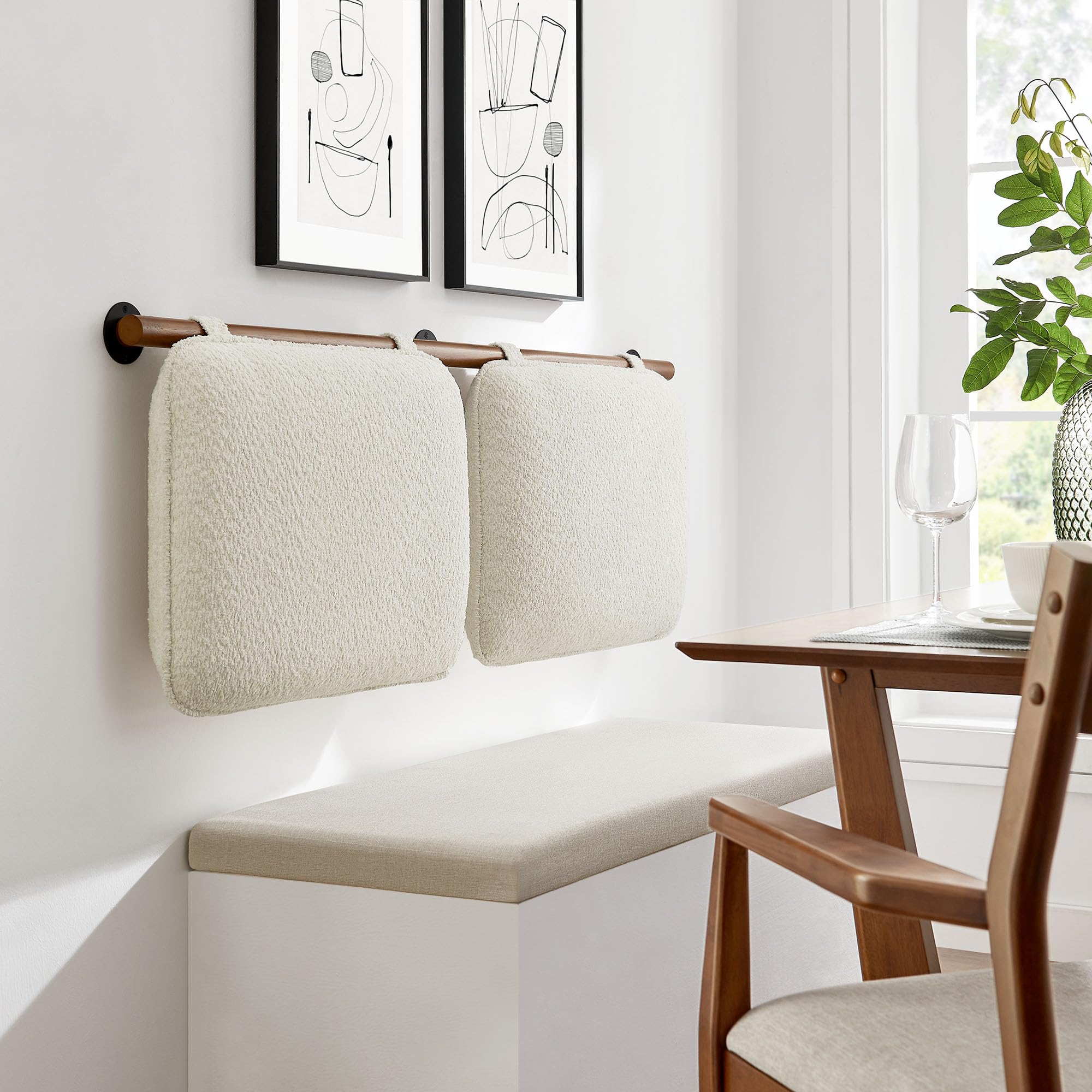 Modway Anela Chenille Upholstered Wall-Mounted Headboard King Size in Cream Walnut - Floating Padded Headboard with Wood Bar and