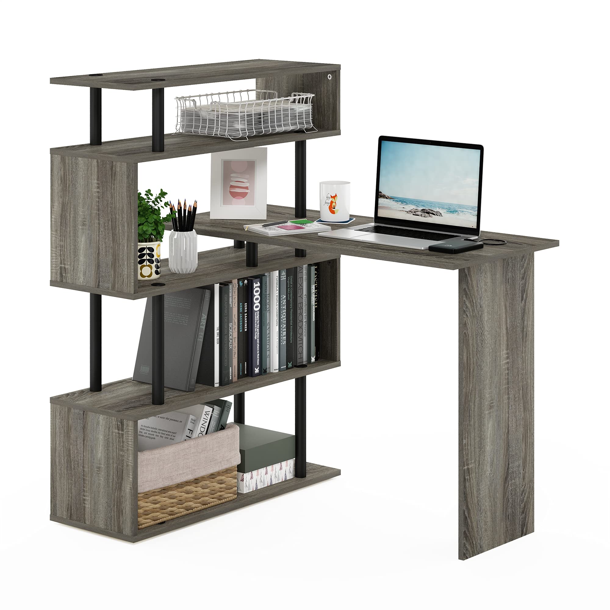 Furinno Moore L-Shape Computer Desk with 5-Tier Shelves, French Oak