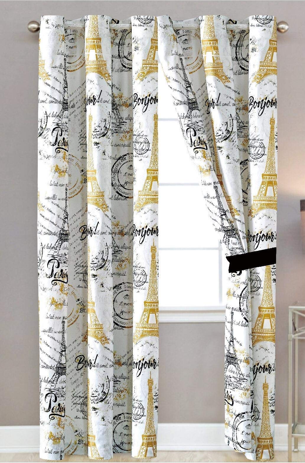 Sapphire Home Paris Themed Black and Gold Curtains - 2 Panels Set with Sheer Backing and Silver Grommet, Eiffel Tower Decor, Pri