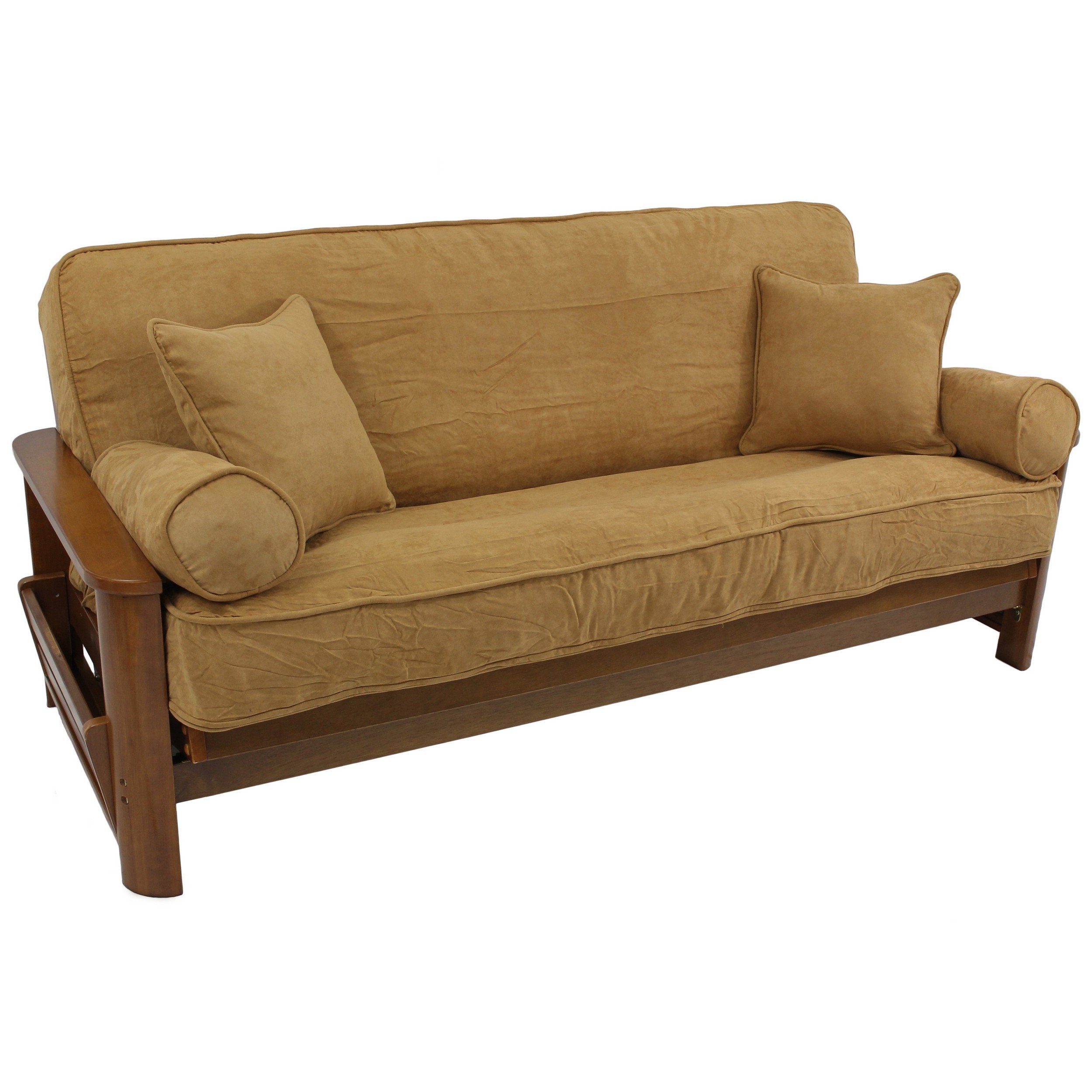 Blazing Needles Solid Microsuede Double Corded 8 to 9 Futon Cover Set with 4 Throw Pillows (Set of 5), Full, Camel