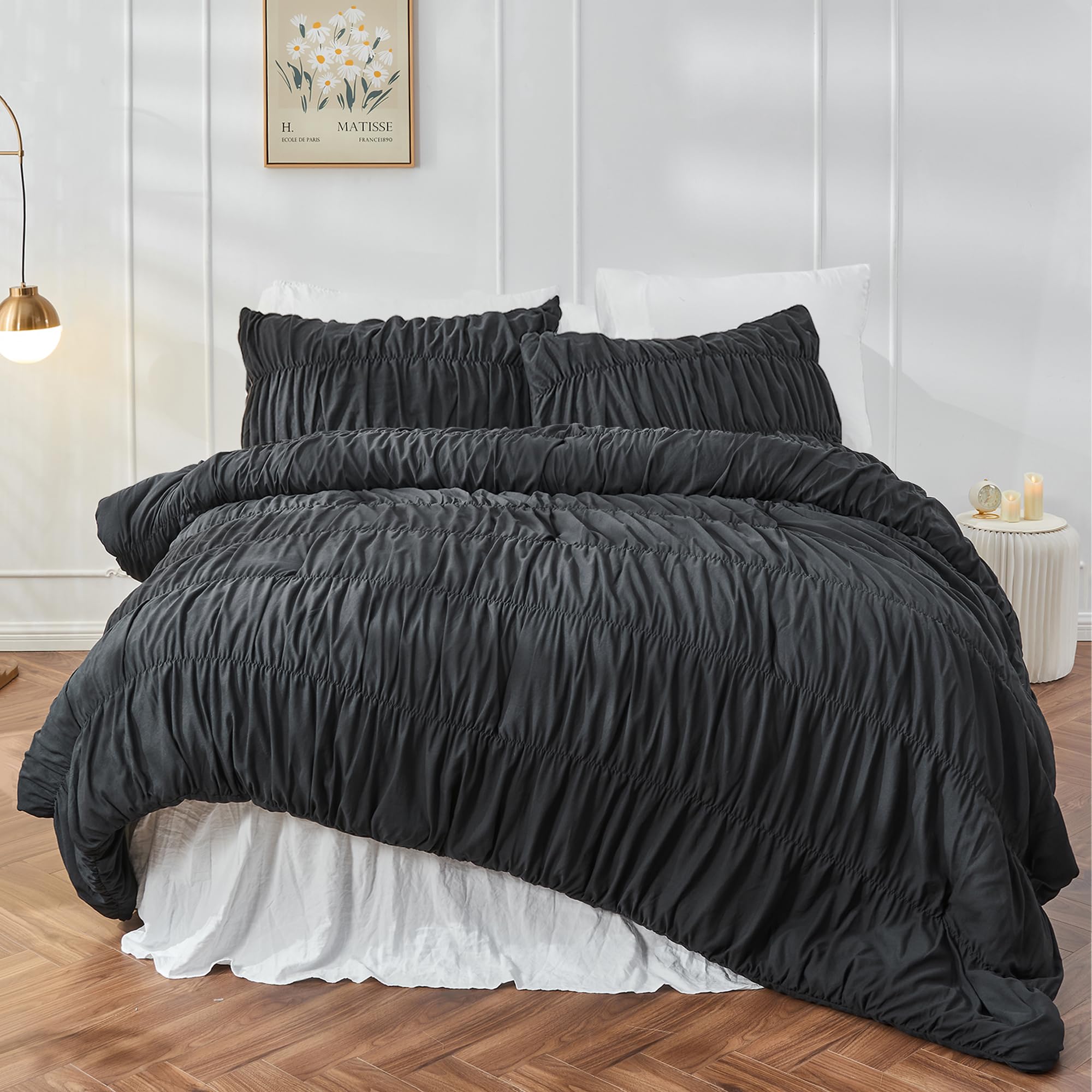 Queen Comforter Set - Black Boho Shabby Chic Bedding for Bedroom - Fluffy 3 Piece Ruffle Comforter Set with Pillow