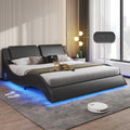 DICTAC Queen Bed Frame with Led Lights and Charging Ports Modern Faux Leather Upholstered Queen Size Platform Bed with Headboard