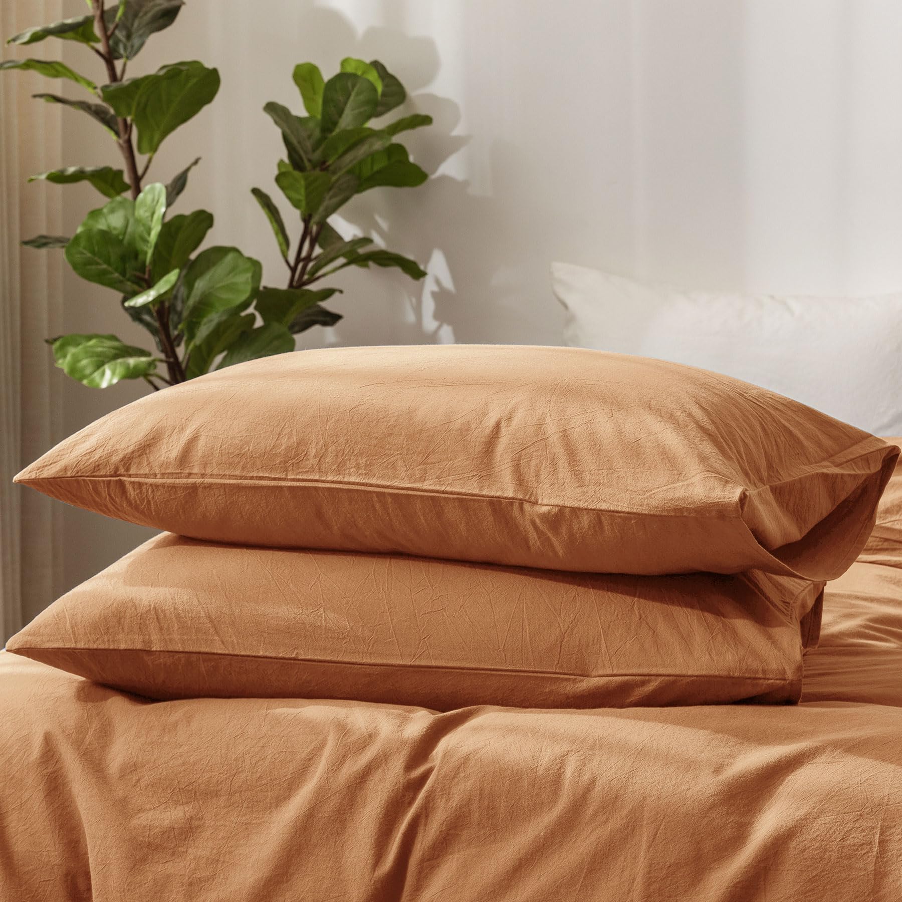MooMee Bedding Pillowcases Pack of 2 100% Washed Cotton Linen Like Textured Breathable Durable Soft Comfy (Dark Orange, King)