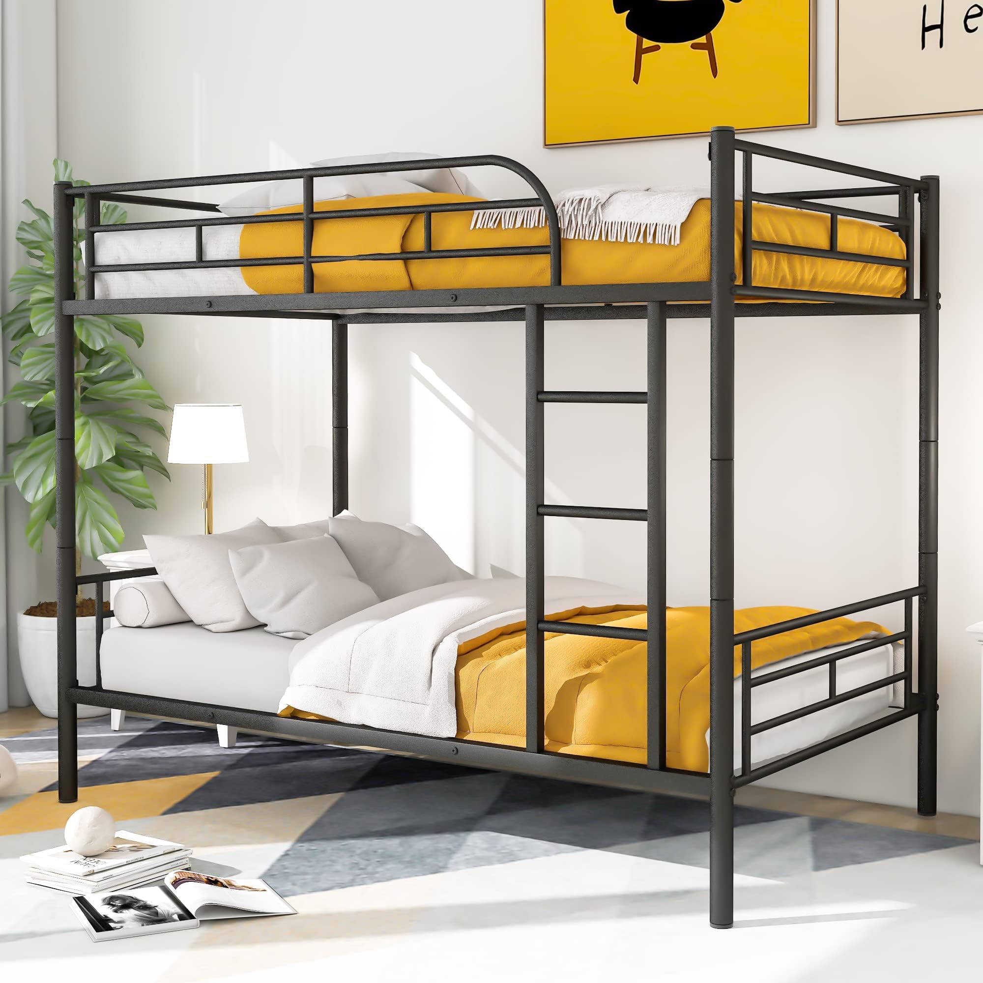Merax Bunk Bed with Ladder and high Guardrail, Able to Split, Metal Bunk Bed, Storage Space, Noise Free,Twin Over Twin Size Bunk
