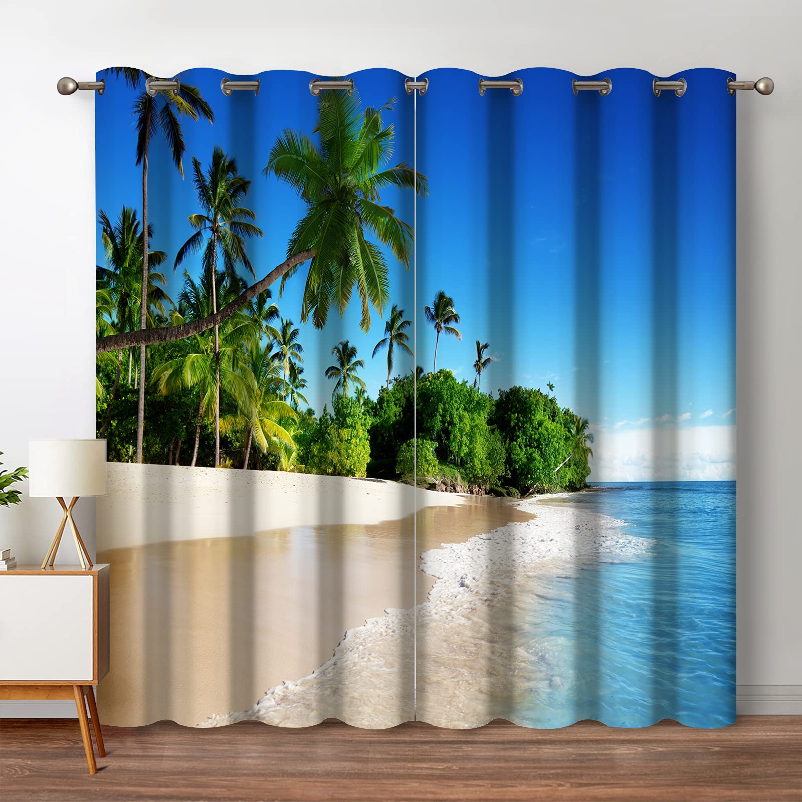 Jekeno Ocean Beach Palm Tree Blackout Curtains Tropical Blue Ocean Sky Sunny Seaside Scene Beach Decor for Bedroom Living Room G