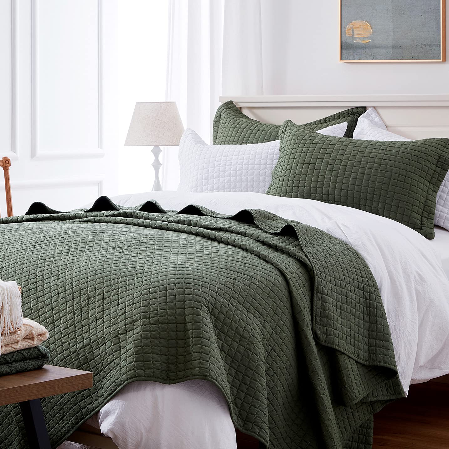 SunStyle Home Quilt Set King Olive Green Lightweight Bedspread Soft Reversible Coverlet for All Season 3pcs Army Green Square Qu