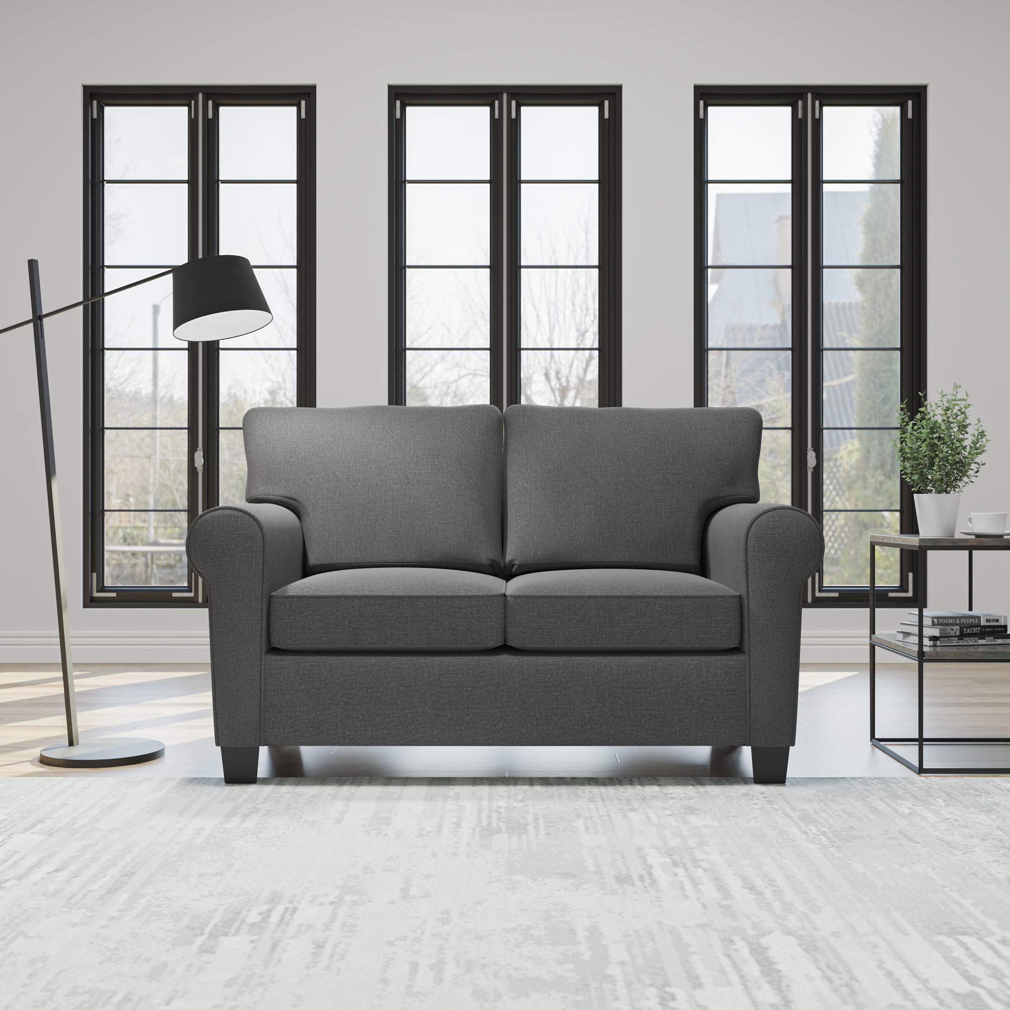 Edenbrook Willow Upholstered Loveseat with Rolled Arms - Living Room Furniture - Charcoal Small Loveseat - Seats Two - Loveseat 