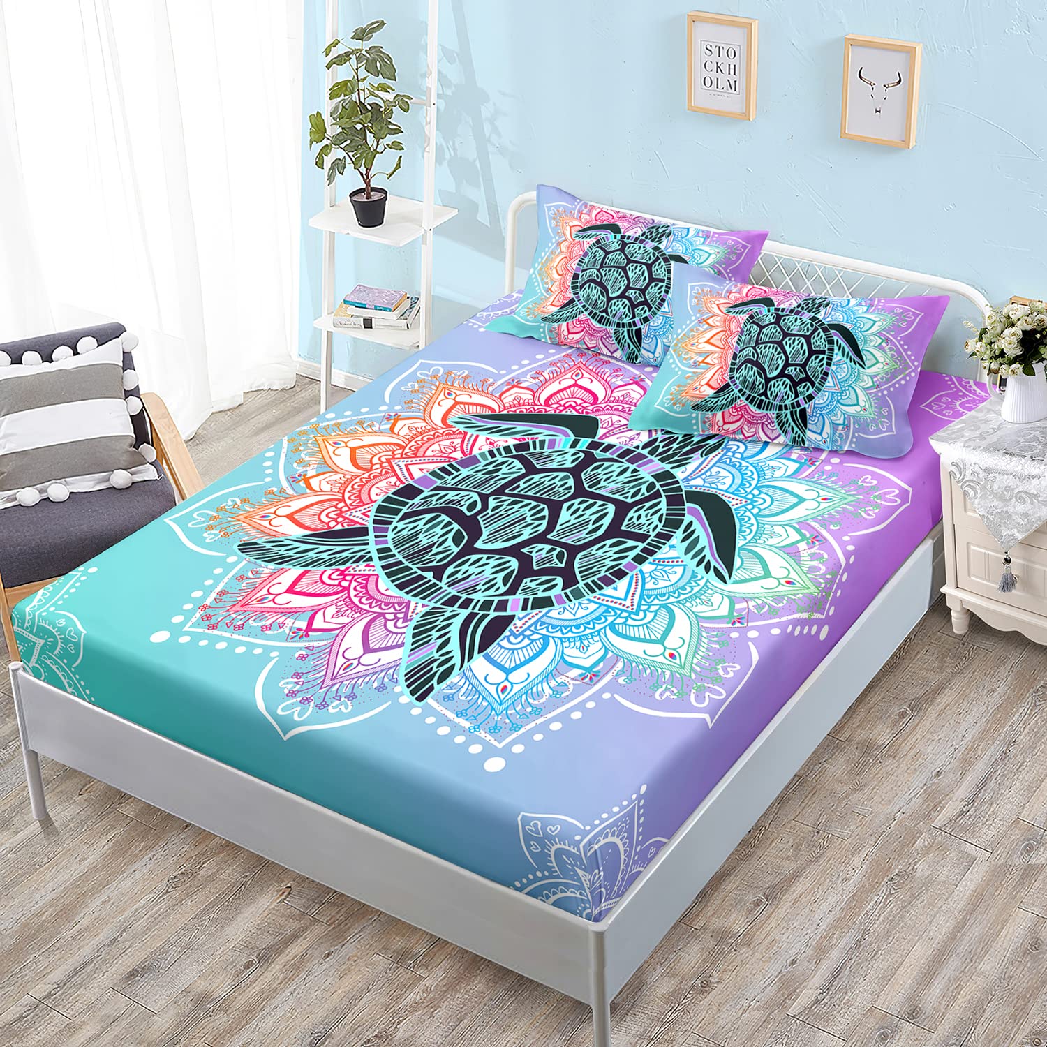 HOSIMA Sea Turtle Bedding,Coastal Beach Themed Fitted Sheet Set Queen Size for Kids Teen Girls Boys Room Decor,Mandala Turtle Fi