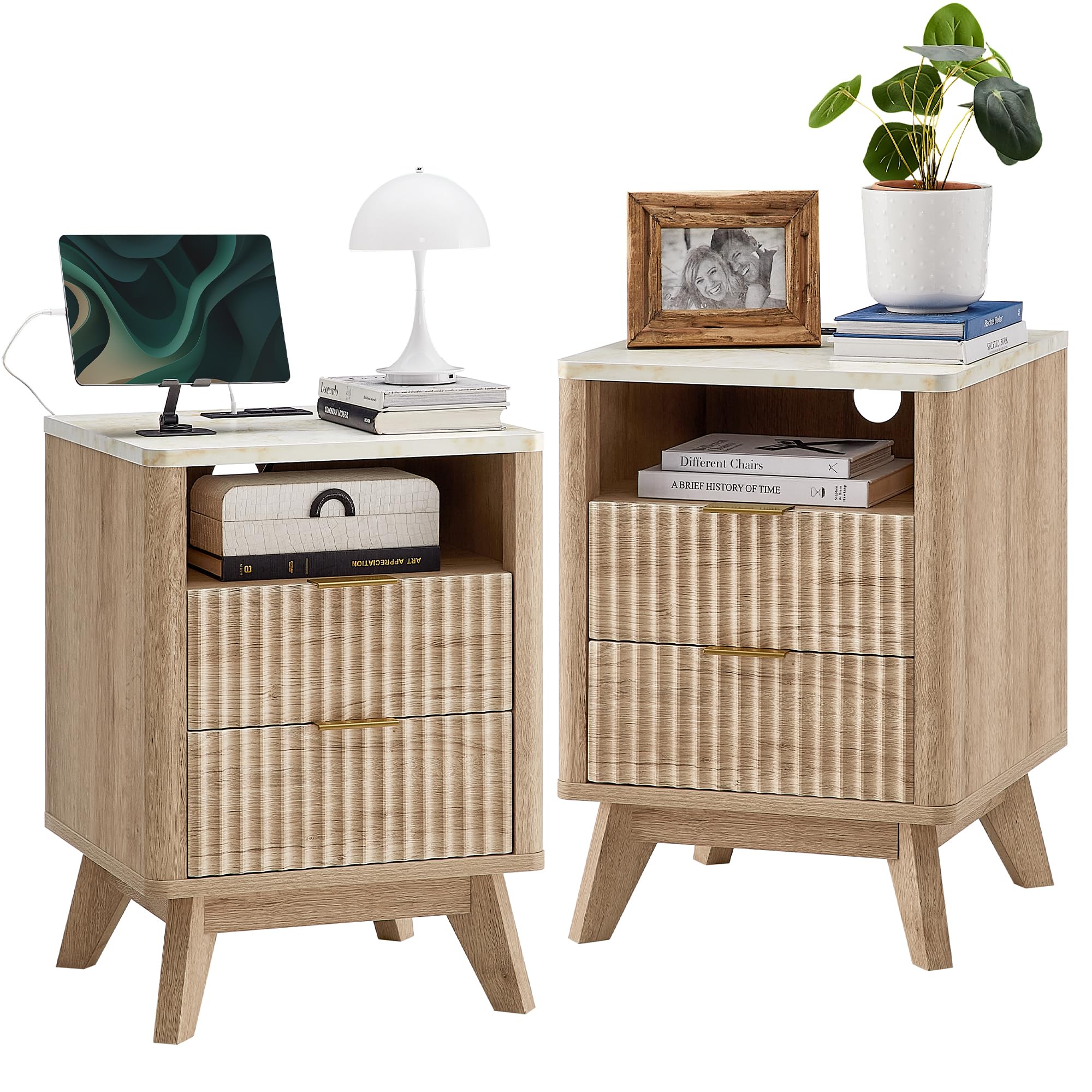 T4TREAM Fluted Nightstand Set of 2 with Charging Station, 18  Modern Side Table with Faux Marble Top, 2 Drawer End Table w/Stora