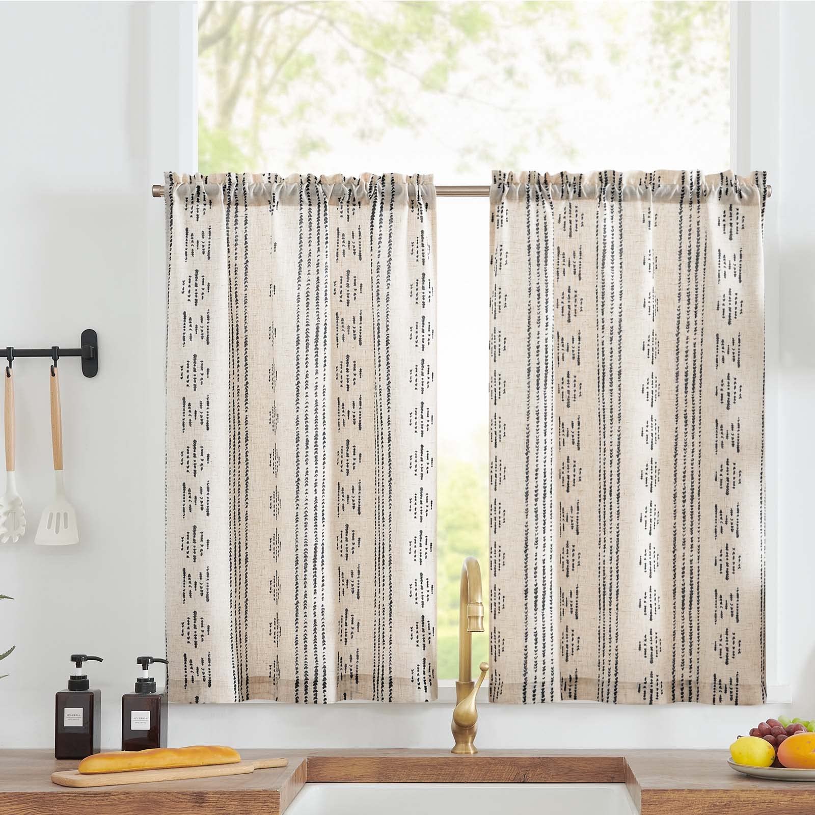 jinchan Boho Kitchen Curtains Linen Tier Curtains 45 Inches Bohemian Small Cafe Curtains Striped Farmhouse Rustic Curtains for B