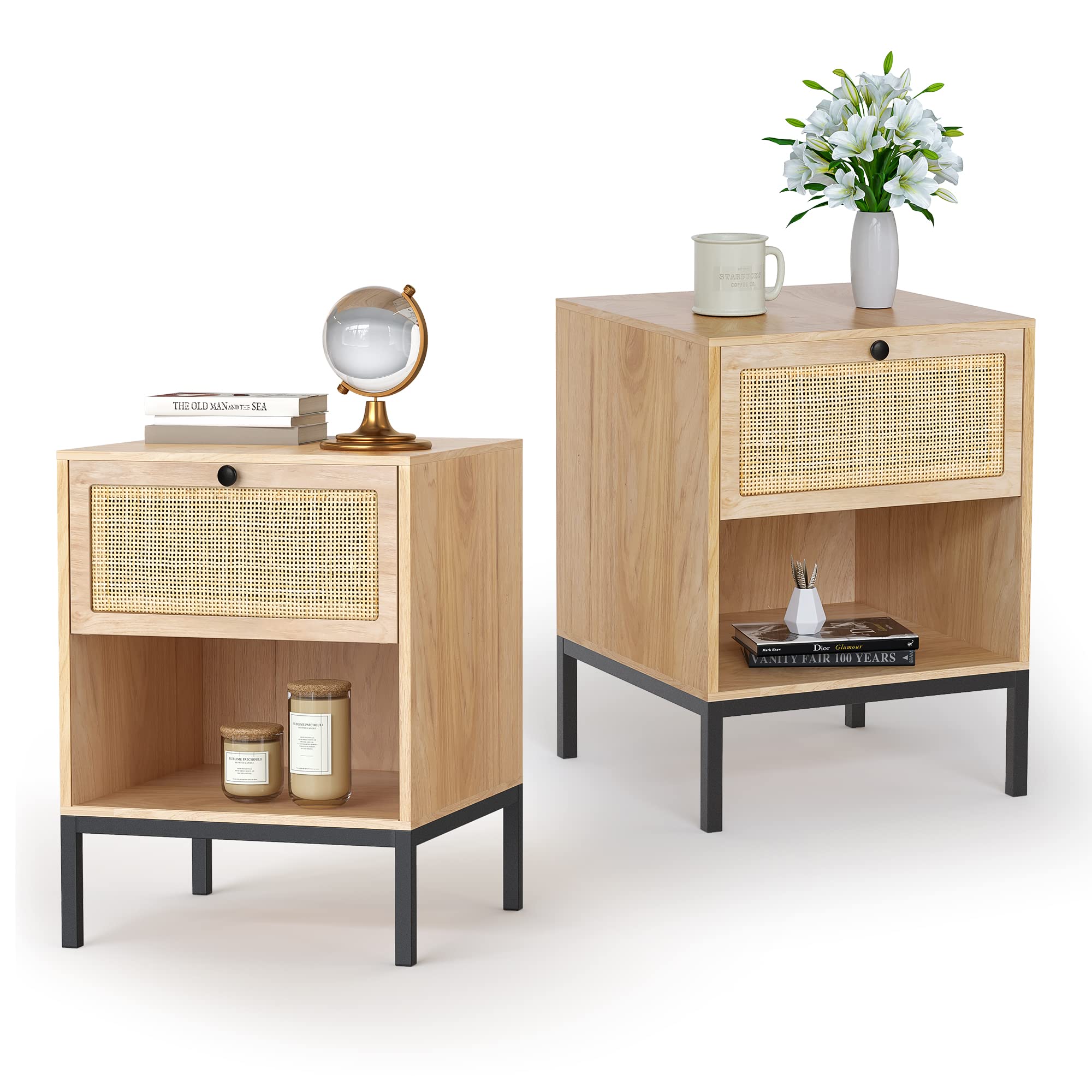 Yechen Rattan Nightstand Set of 2, Boho Bedside Table with Natural Rattan Decorated Drawers, Farmhouse Night Stand for Bedroom L