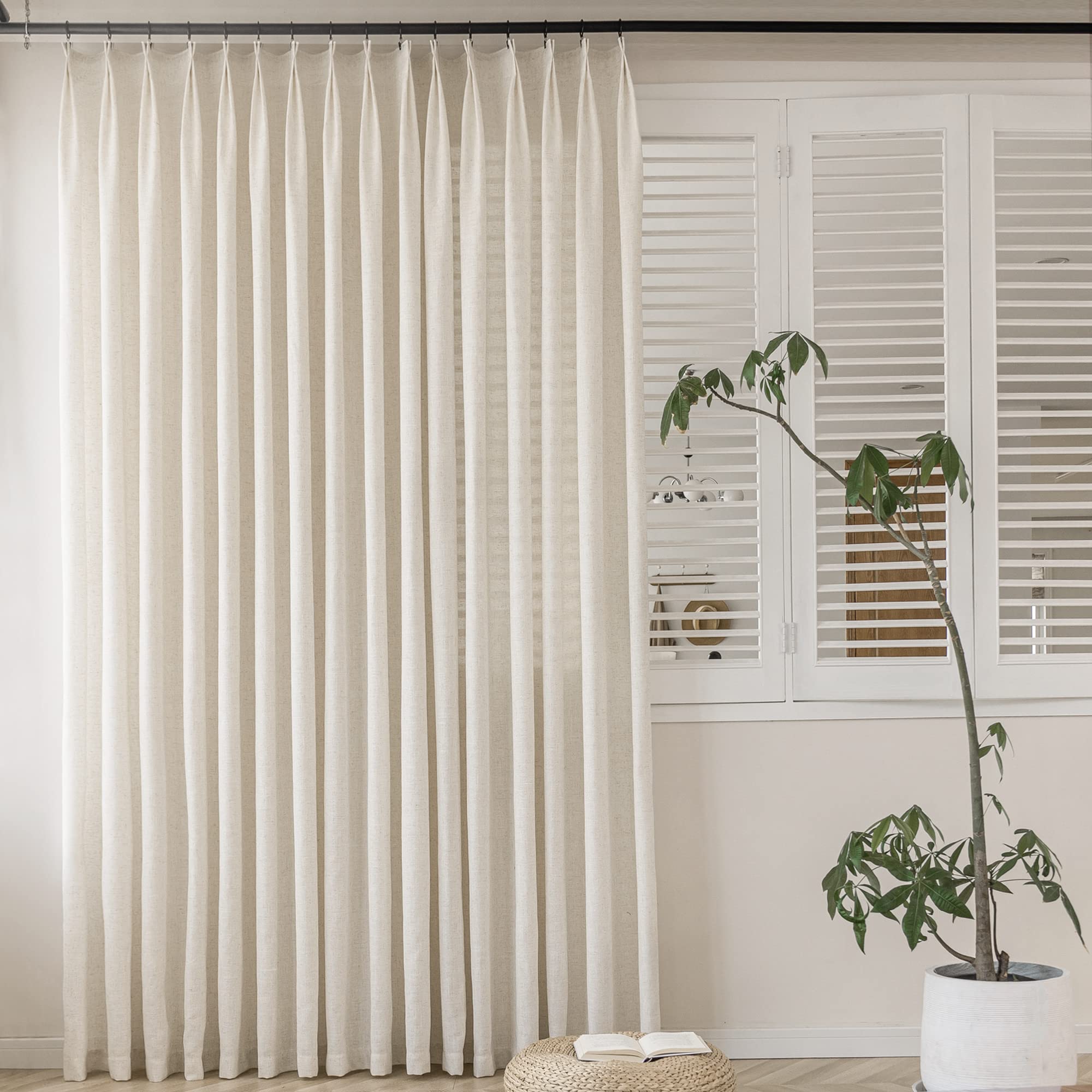 MAIHER Faux Linen Semi Sheer Pinch Pleated Drapes for Living Room, Light Filtering Pleated Curtain Panels 96 Inches Long with Ho