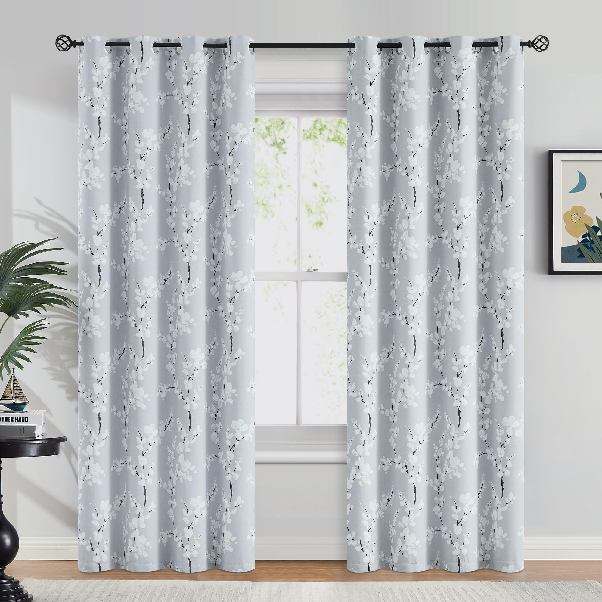 FMFUNCTEX White Grey Blackout Curtains for Bedroom 84 inch Length Floral Printed Living Room Curtain Panels for Farmhouse D  cor