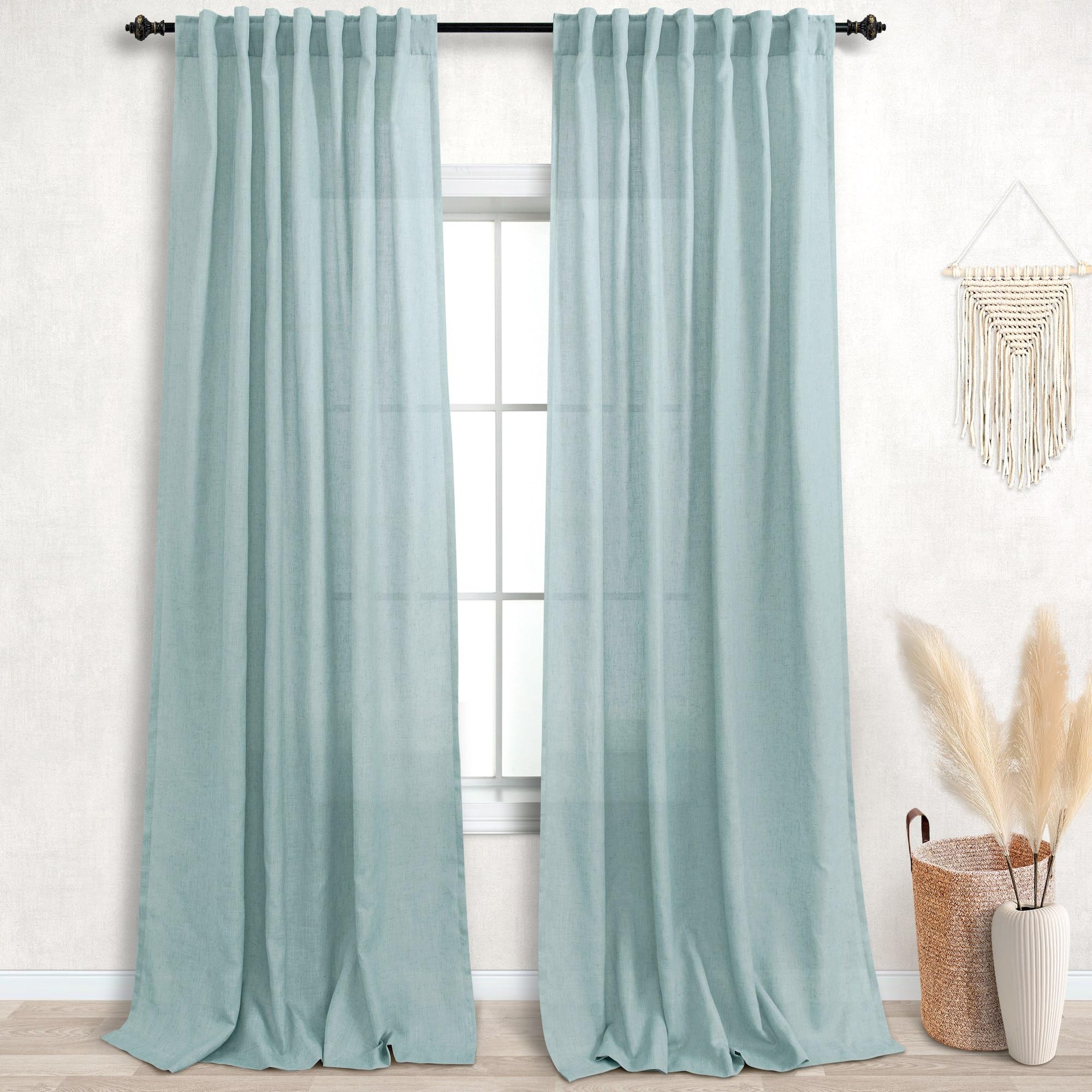 KOUFALL Sea Green Back Tab Rod Pocket Linen Sheer Curtains for Bedroom 52 by 96 Inches Long