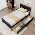 KOMFOTT Twin Size Wood Bed Frame with 2 Storage Drawers, Mid Century Platform Bed Frame with Headboard, Sturdy Wooden Slats Supp