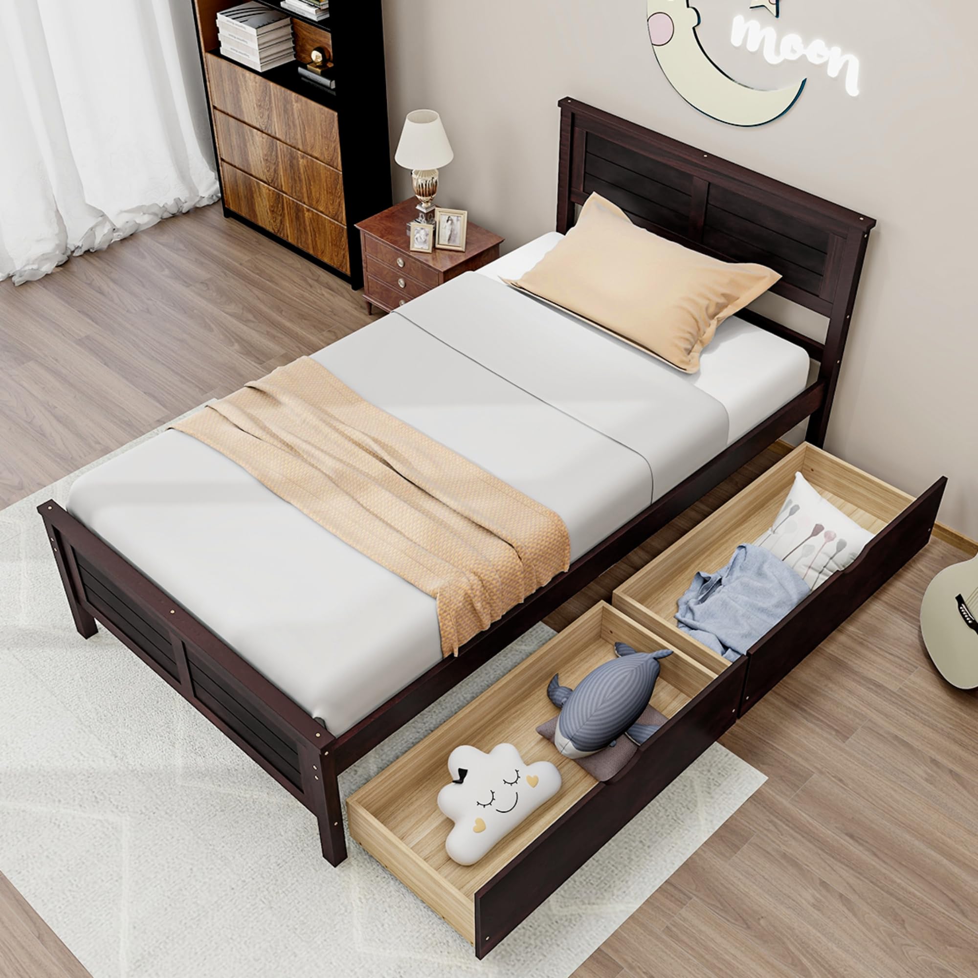 KOMFOTT Twin Size Wood Bed Frame with 2 Storage Drawers, Mid Century Platform Bed Frame with Headboard, Sturdy Wooden Slats Supp