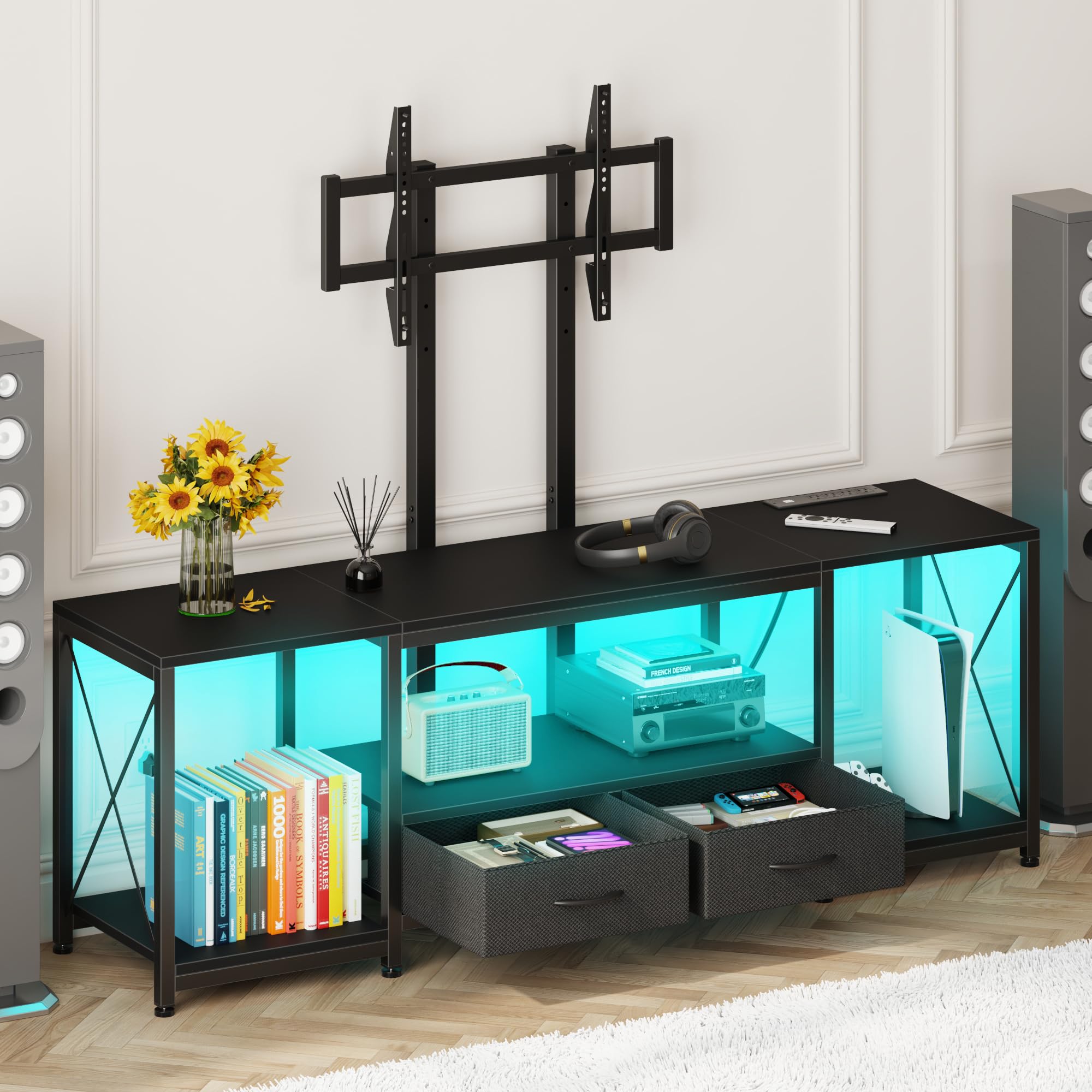 GYIIYUO LED TV Stand with Mount and Power Outlet & Fabric Drawers for 32-85 Inches TV - Entertainment Center and Industrial TV C