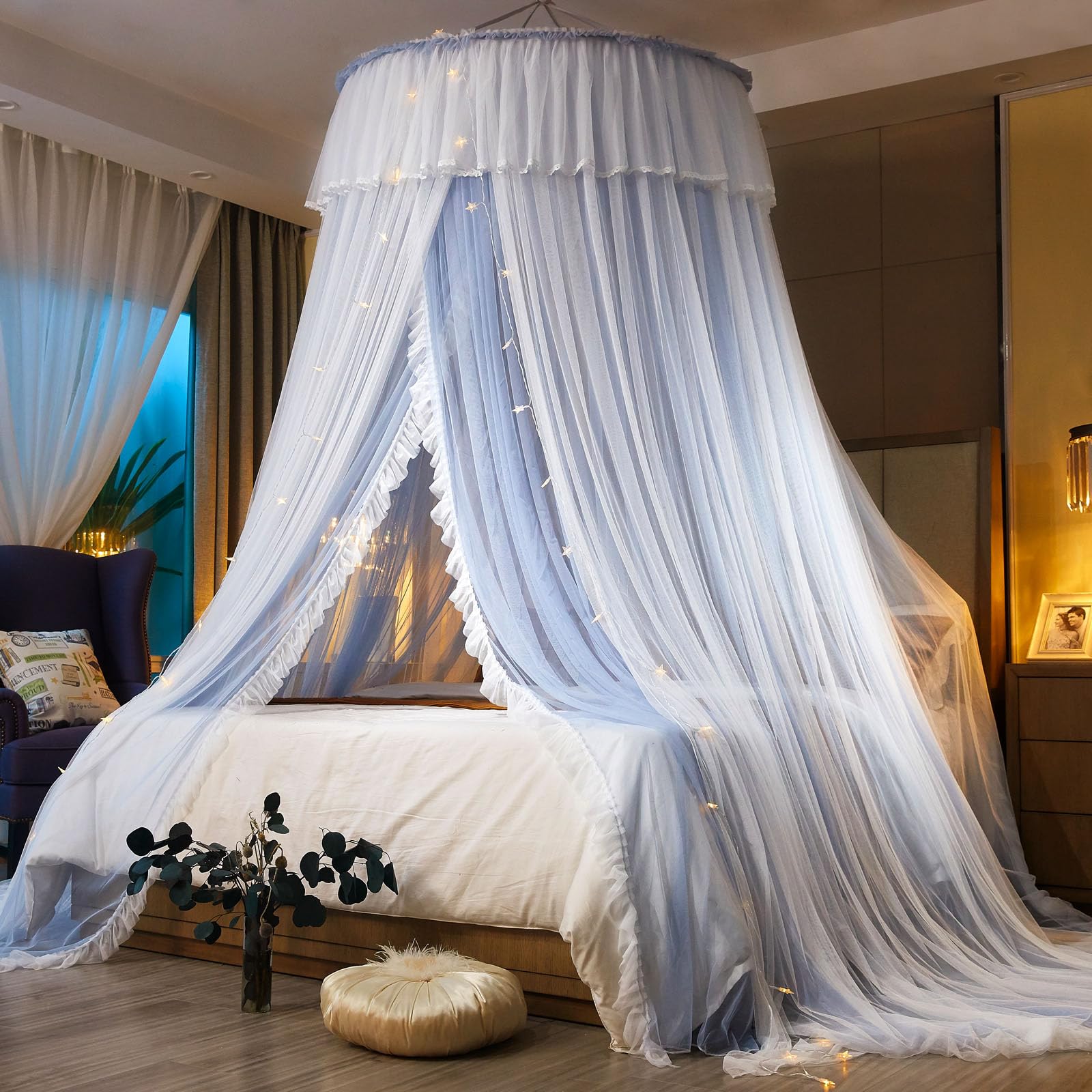 AIKASY Princess Bed Canopy for Girls & Adults, Elegant Double-Layer Bed Curtain, Childrens Dream Round Lace Mosquito Net, Princ
